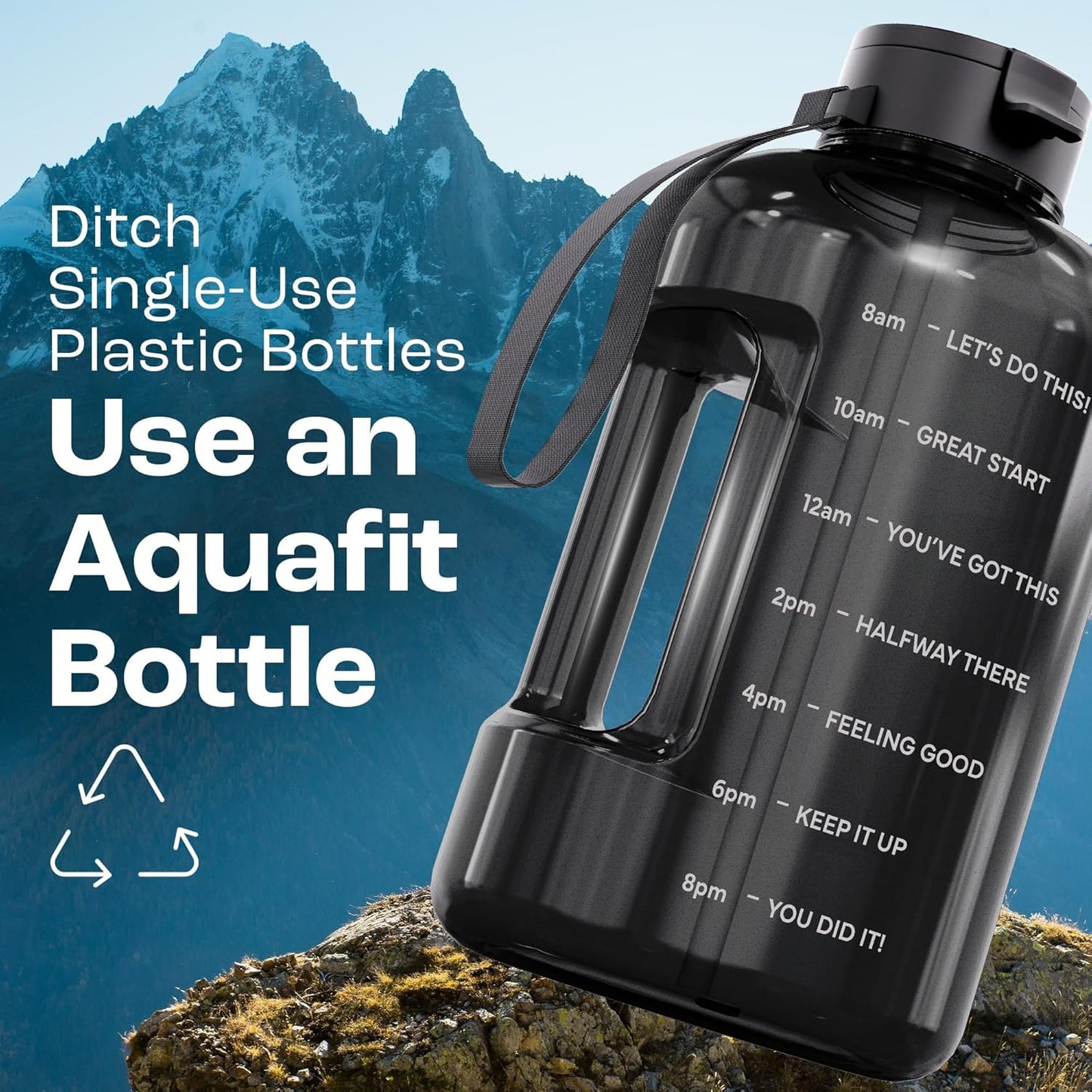 AQUAFIT 128 oz Water Bottle with Time Marker - Straw & Chug Lid - BPA Free 1 Gallon Gym Water Bottle with Handle - Big Gallon Jug (Nebula, 128 Ounces)
