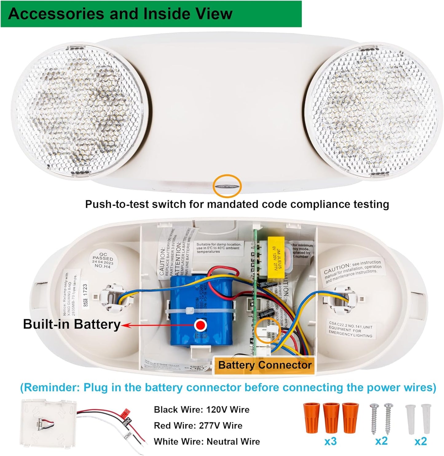 GRUENLICH LED Emergency Light, Exit Lighting Fixtures with 2 LED Bug Eye Heads and Back Up Batteries, UL 924 Qualified, 120/277 Voltage, 4-Pack