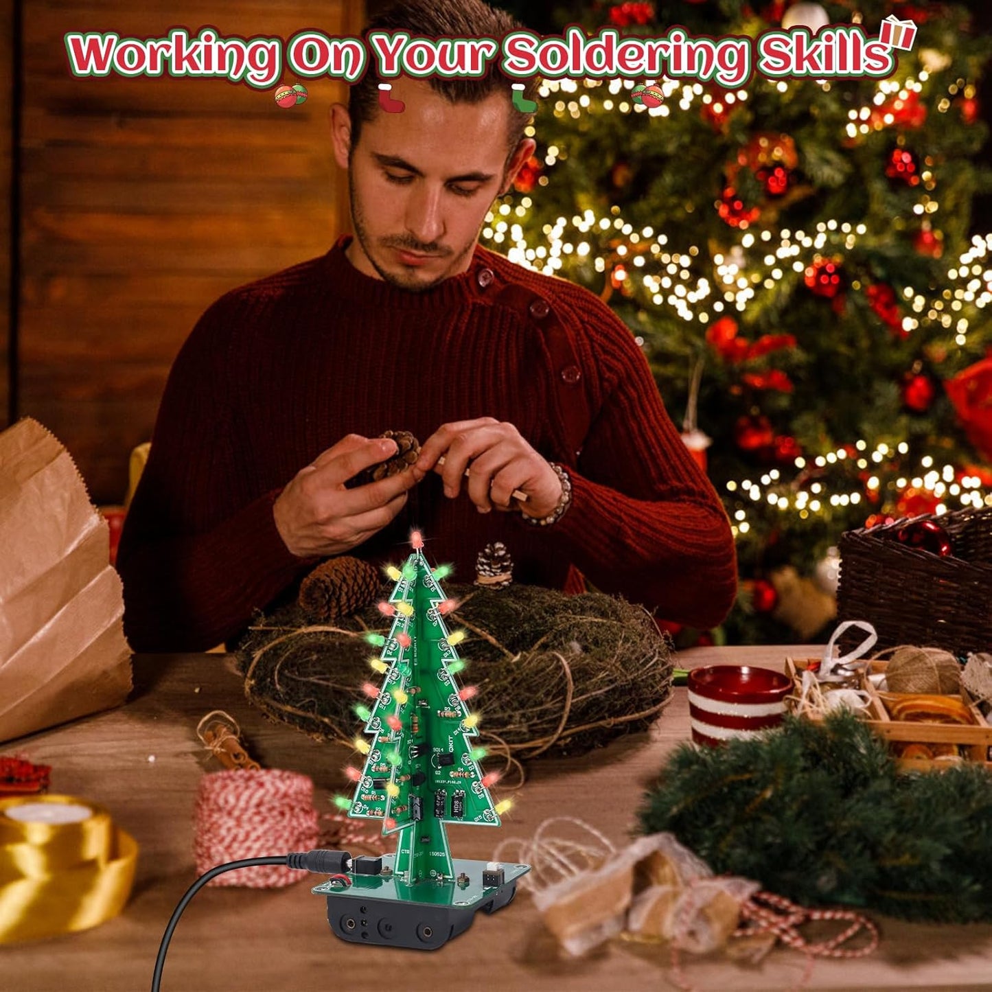 Christmas Tree Soldering Project, Icstation 3D Xmas Tree Soldering Kit with LED Flashing Lights DIY Soldering Practice 3 Colors Christmas Tree Assemble Kit for Learning Teaching STEM Educational