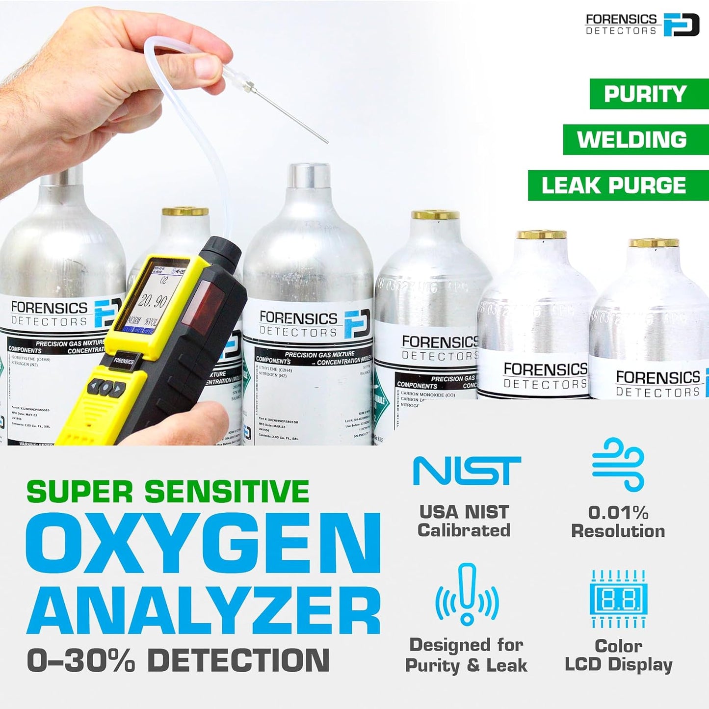 Nitrogen Gas Detector by Forensics | Portable Analyzer for N2 Leaks | USA NIST Calibration | USB Recharge | Computer Data Logging |