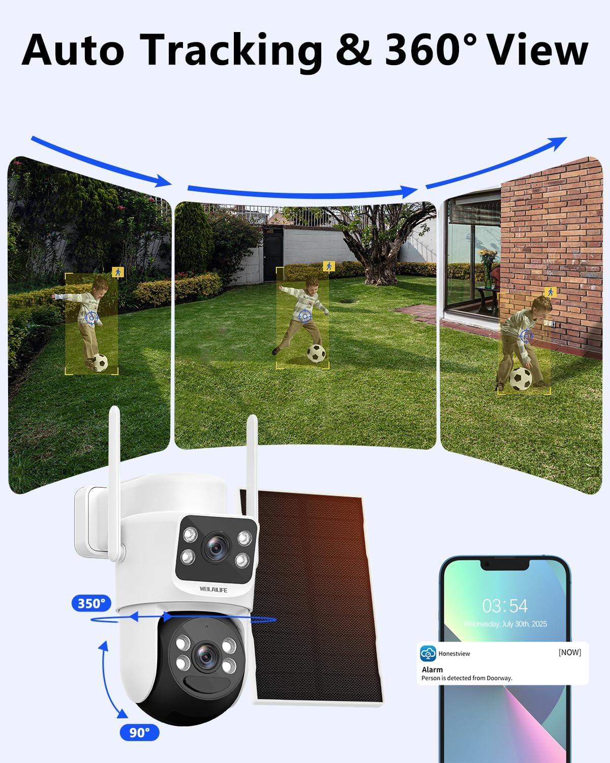 WEILAILIFE 【Auto Tracking & 2-Way Audio Security Cameras Wireless Outdoor, Solar-Powered PTZ Security Camera System, WiFi Home Video Surveillance Systems DVR Kits