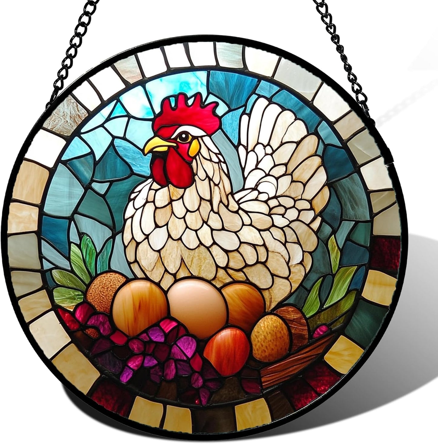 Stained Glass Window Hanging White Chicken Hatching Eggs Large 11.8" - Suncatcher Door Garden Sunroom Sun Catcher Home Decor Birthday Christmas for Mom Men Woman Nana