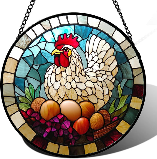 Stained Glass Window Hanging White Chicken Hatching Eggs Large 11.8" - Suncatcher Door Garden Sunroom Sun Catcher Home Decor Birthday Christmas for Mom Men Woman Nana
