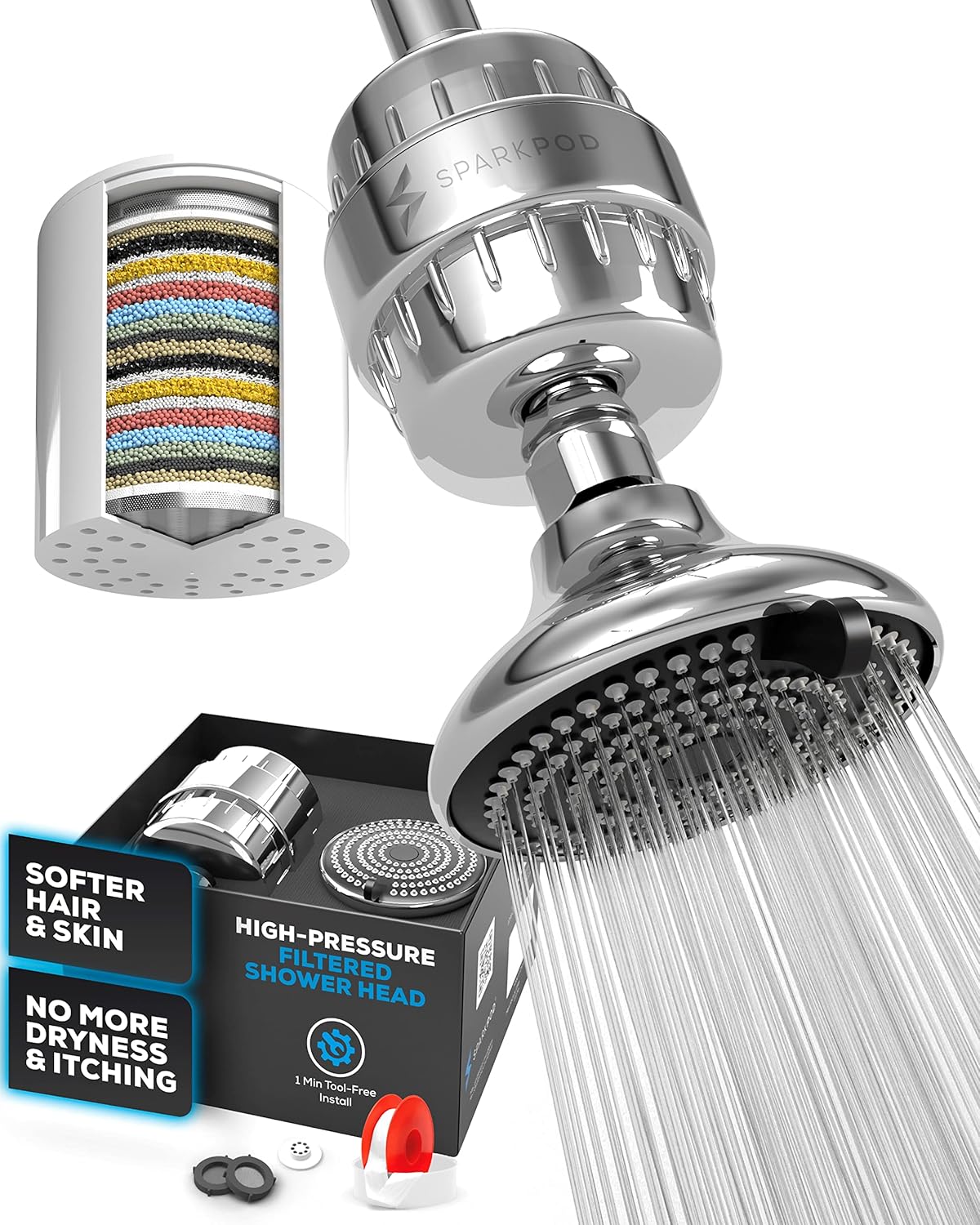 SparkPod 23-Stage Filtered Shower Head with 3 Spray Settings - High Pressure Shower Head with Filters for Dry Hair and Skin - Showerhead with Filter Reduces Chlorine & Heavy Metals (Polished Chrome)