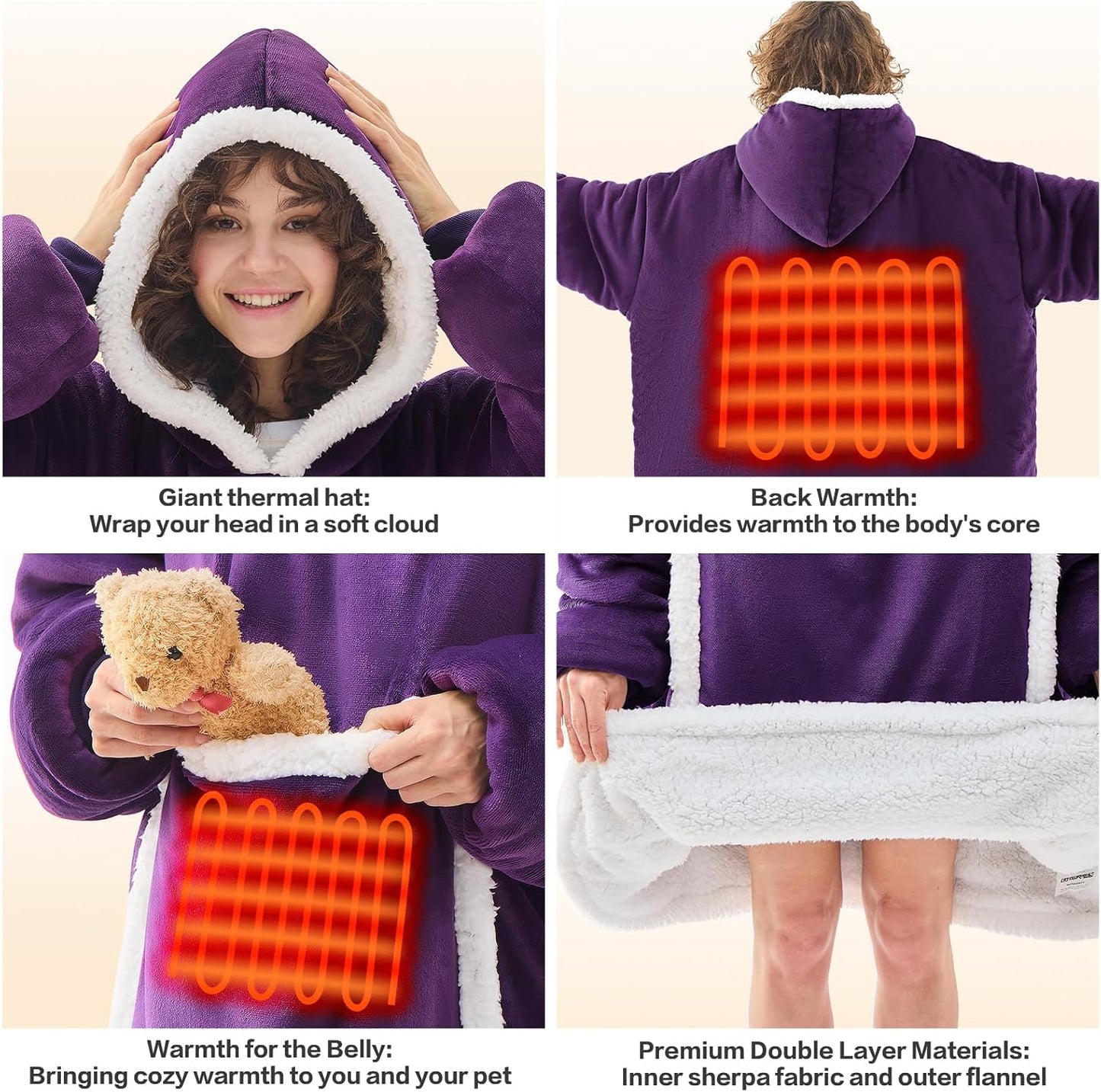 JOYWOO Purple Wearable Heated Blanket Hoodie,Oversized Cordless Portable Heating Hooded Blanket Cat Lovers,Christmas Gifts for Women,Mom,Grandma,Electric Blankets Throw for Adult Outdoor,Dark Purple