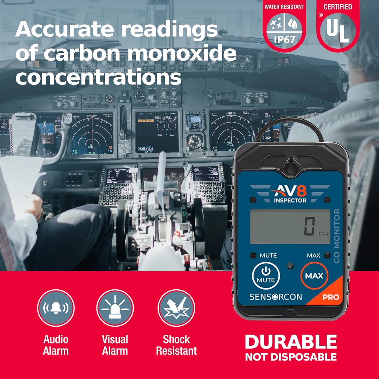 AV8 Inspector Pro Portable Carbon Monoxide Detectors for Aviation – Professional-Grade Carbon Monoxide Monitor with Visual, Audio and Vibration Alarms