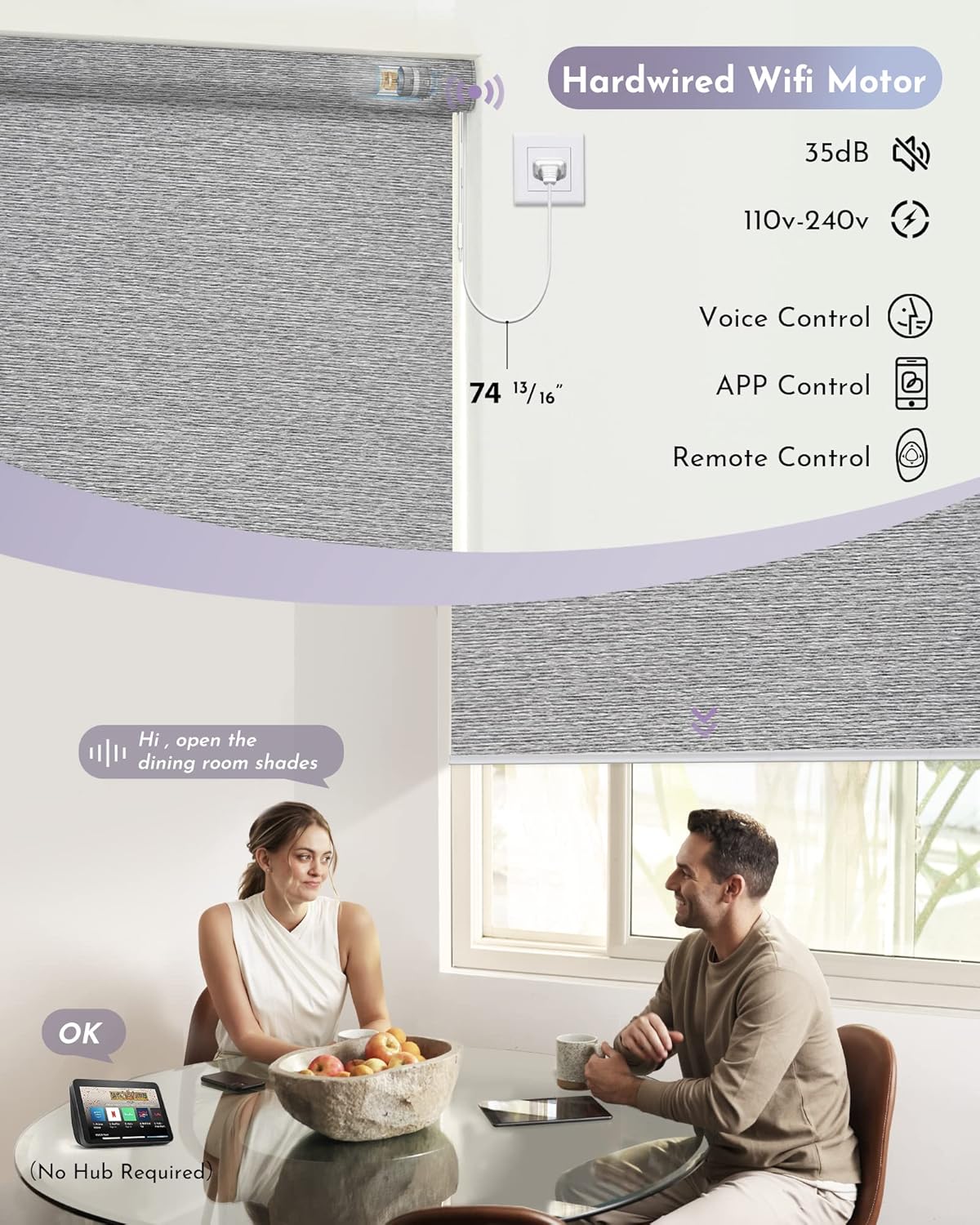 Graywind Smart Blackout Roller Shades Compatible with Alexa Google WiFi Hardwired Textured Gleaming Fabric Motorized Blinds Remote Window Shades, Custom Size (Striped Grey)
