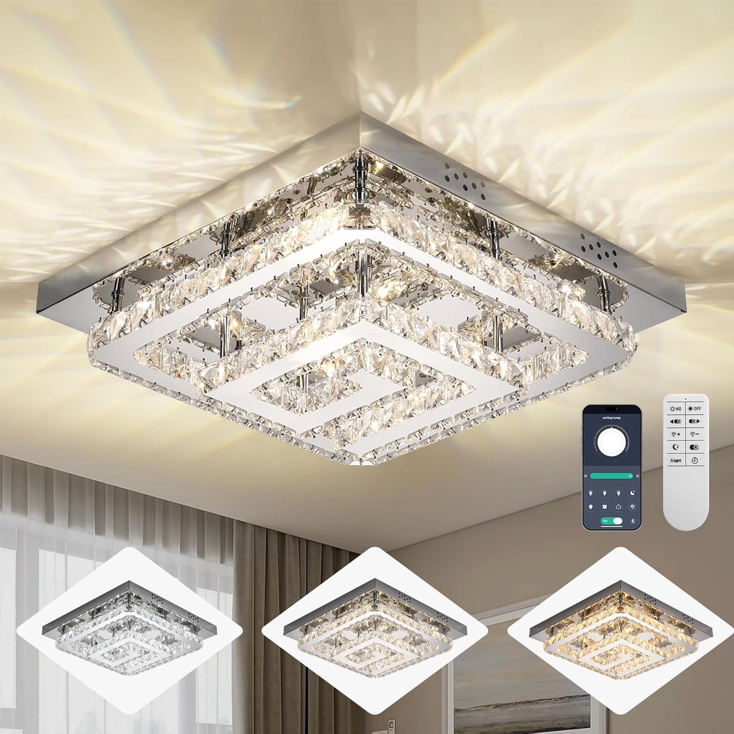 25" Modern Crystal Chandelier with Remote/App Control, Dimmable Flush Mount Ceiling Light Fixture, 3-Color Temperature, Led Ceiling Lamp for Living Room Bedroom Kitchen Dining Room Entryway