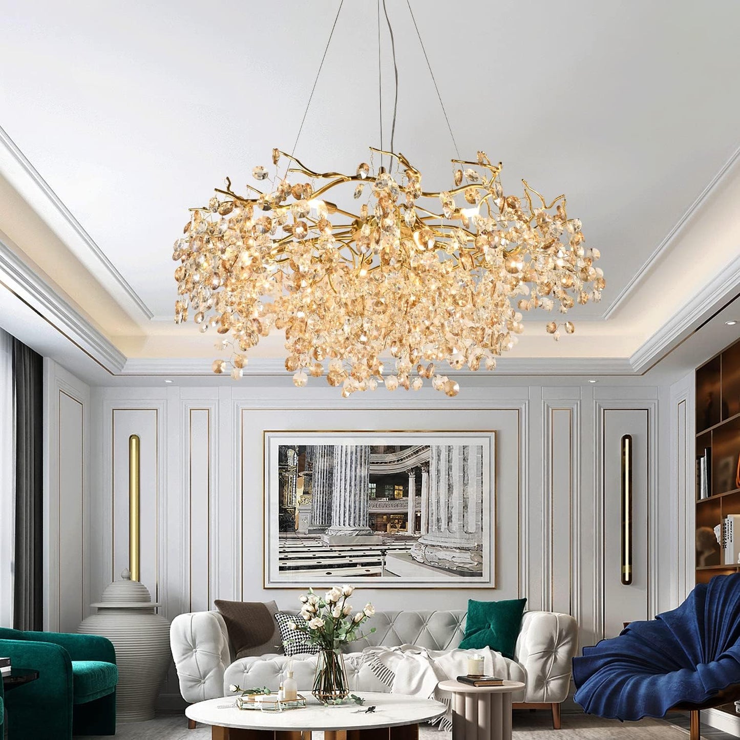 Modern Crystal Chandelier, Rectangular Gold Tree Branch Chandeliers, Luxury Raindrop Ceiling Light Fixture for High Ceiling, Dining Room, Kitchen, Office, Living Room