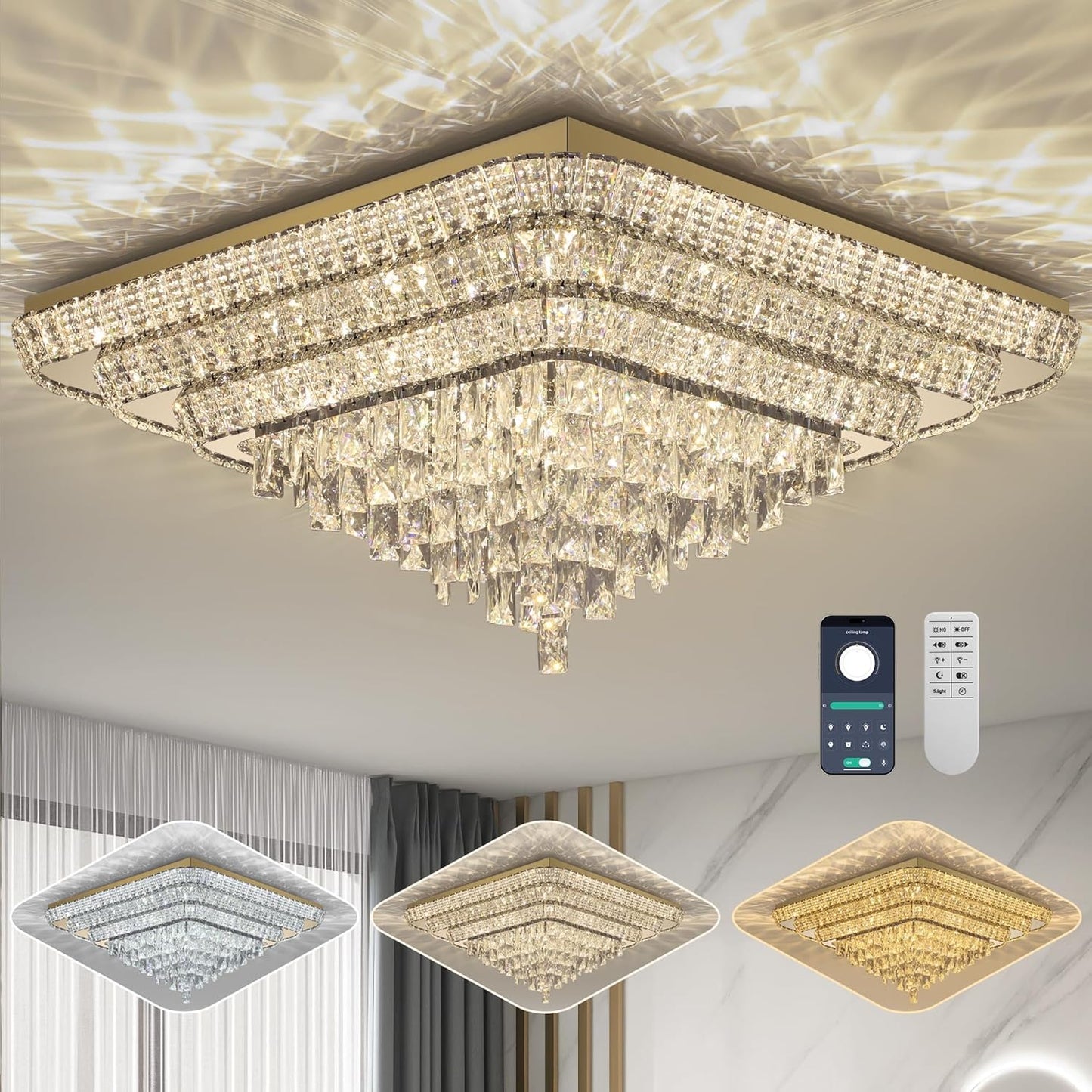 Elegant LED Gold Crystal Raindrop Ceiling Light,30 Inch Square Flush Mount Chandelier with Remote for Living Room Kitchen Island Bedroom Hallway Entryway Foyer (Dimmable)