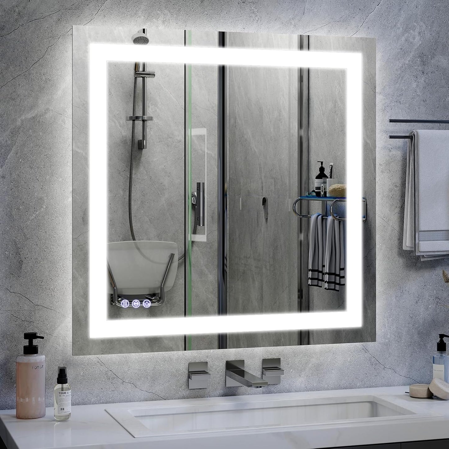 VooBang Bathroom Mirror with Lights 47 x 47 inches - 3 Adjustable Lighting Modes LED Bathroom Vanity Mirror, Anti-Fog, Memory Function, Tempered Glass, Wall Mounted Horizontally Vertically
