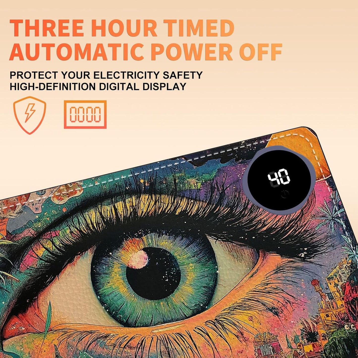 Heated Mouse Pad 23.6 x 14 in 3-Temp Fast Heating Desk Mat with Auto Timer Warmer for Hands Wrist Pain Relief Waterproof Keyboard Mat for Office, Gaming, Home, Colorful Eye Art