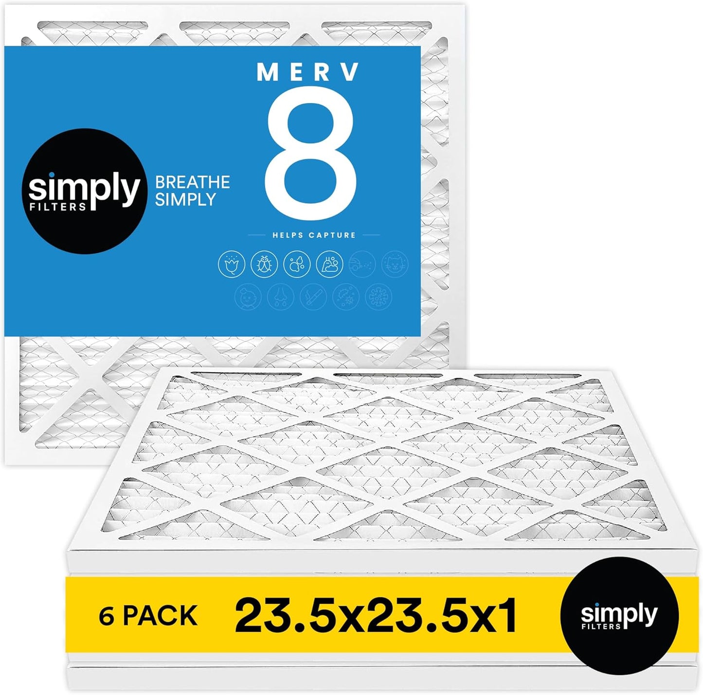 Simply 23.5x23.5x1 Air Filter, Merv 8, 6 Pack, For Home AC Furnace & HVAC (Actual Size: 23.5x23.5x"x0.75") DUST, Pet, & Allergy Control