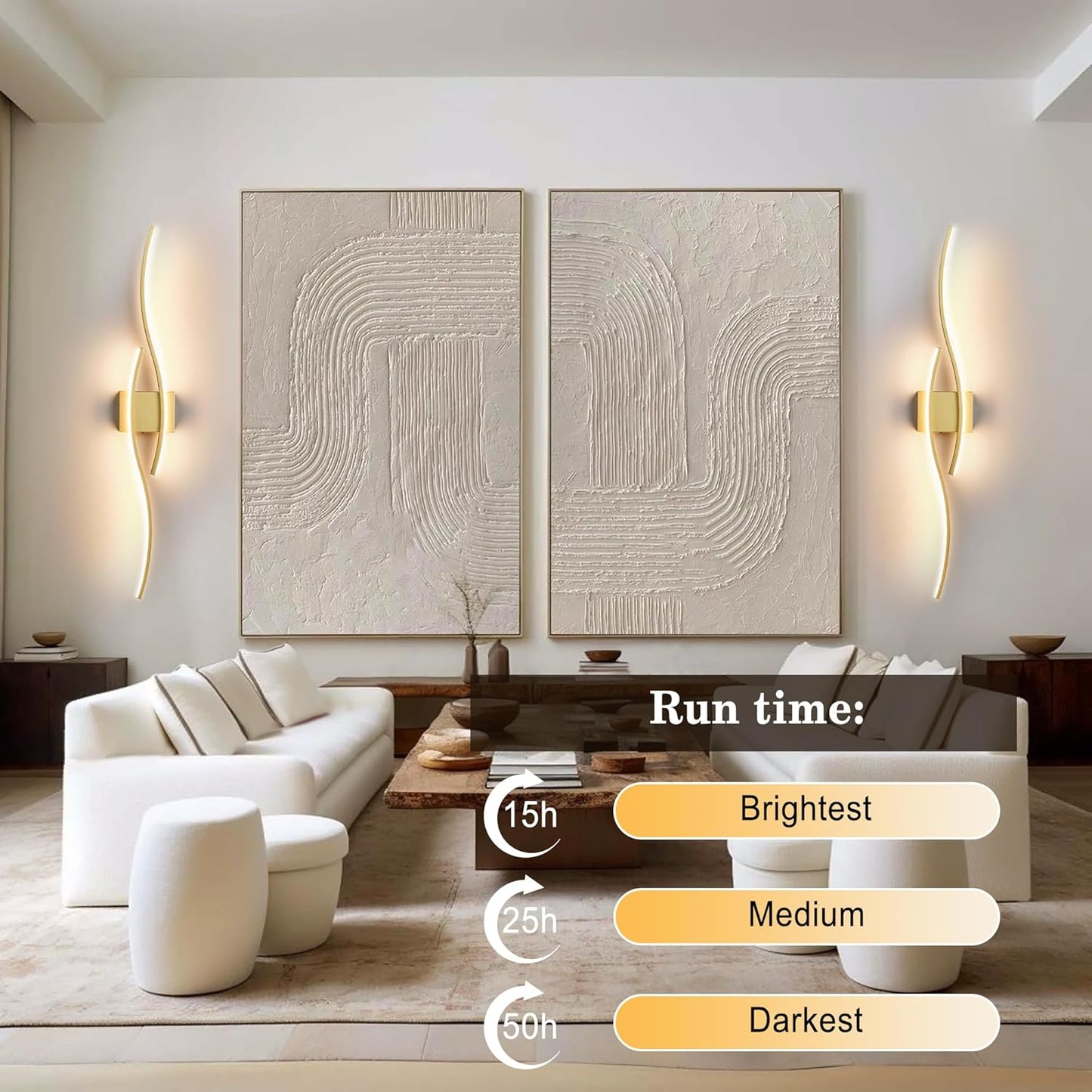 Battery Operated Wall Sconces Set of Two with Remote Control, Dimmable/3 Colors/Night-Light/Timer/Memory, Gold Modern Wireless LED Sconce for Living Room, Hallway, Bedroom, 39.3 Inch (2 Pack)