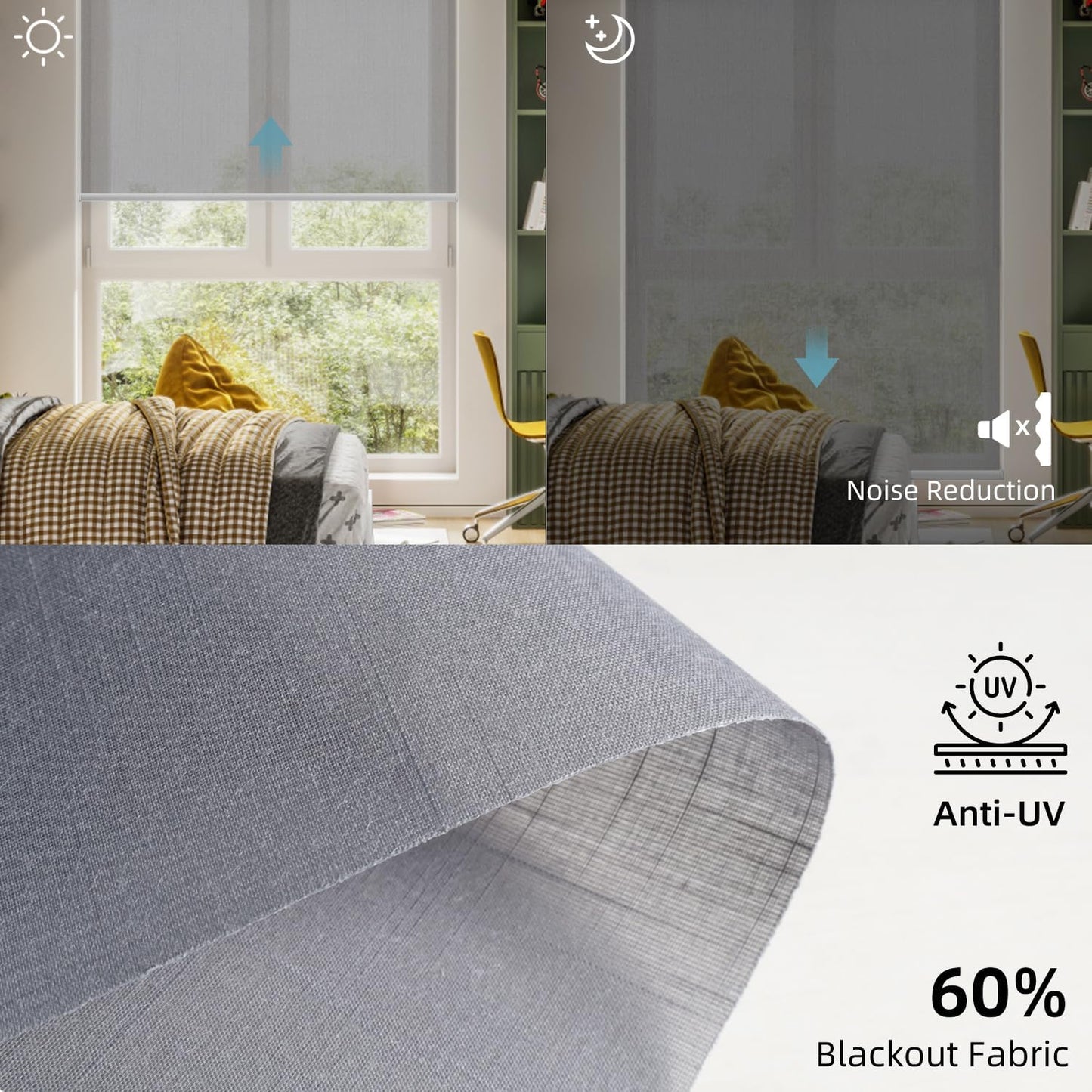 SmartWings Motorized Light Filtering Roller Shades 60% Blackout Work with Matter Homekit Alexa Z-Wave ZigBee SmartThings Google, Cordless with Remote Control, Twilight Veil