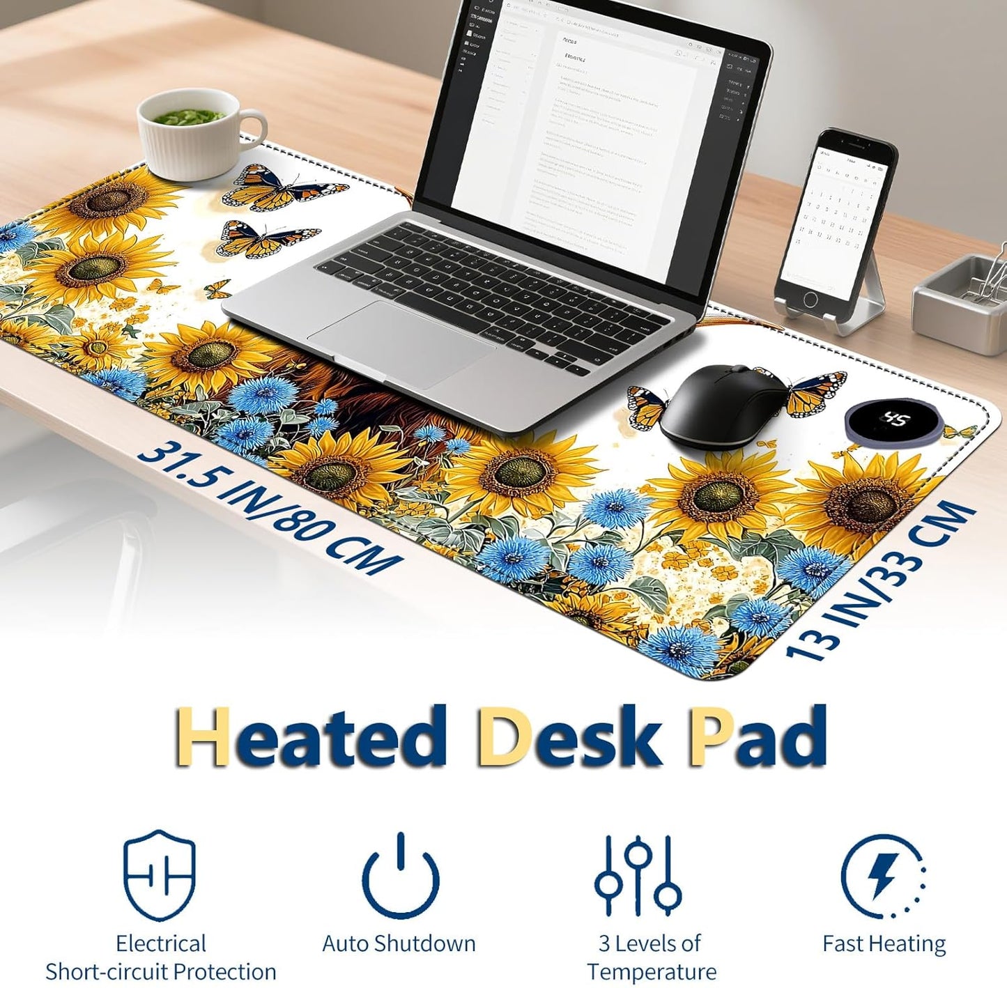 Heated Mouse Pad with 3 Temperature Settings(104°F–122°F),Large 31.5x13 Inch PU Leather Heated Desk Mat,Waterproof Warming Pad for Office,Gaming & Cold Hands Relief,Sunflower Cow
