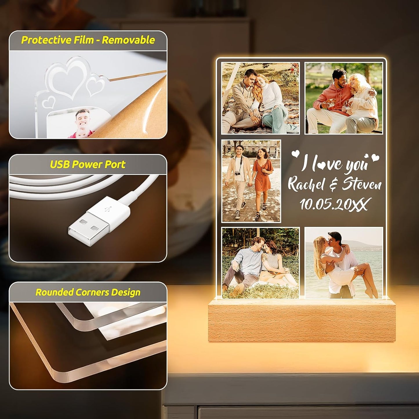 Custom Picture Frame with Photo, Customized Photo Frame with Night Light, Personalized Boyfriend Girlfriend Gifts for Couples, Personalized Anniversary Valentines Day Gifts for Women Men Her Him Wife