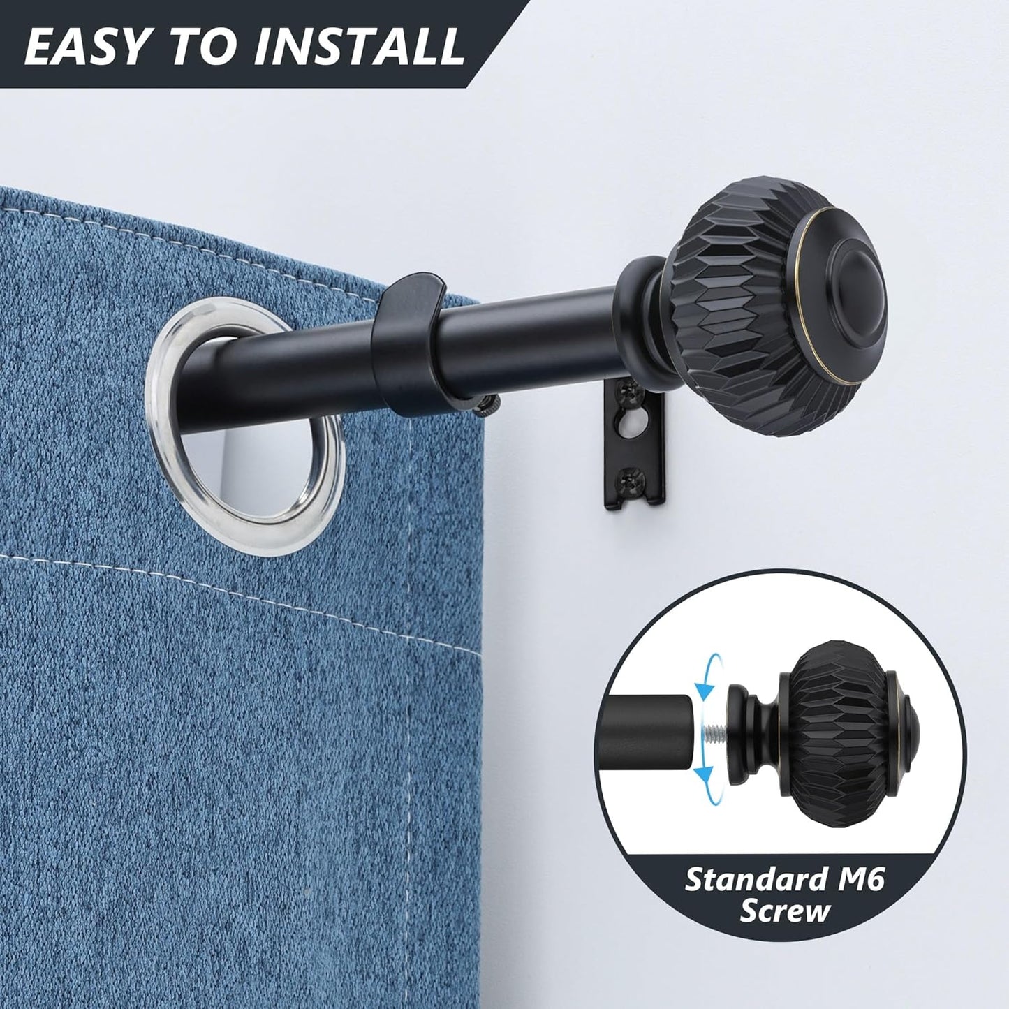 Black Curtain Rods for Windows 48 to 84 Inches 1 Inch Adjustable Heavy Duty Curtain Rods with Lantern Ball Finials,Window Treatment Single Curtain Rod Set