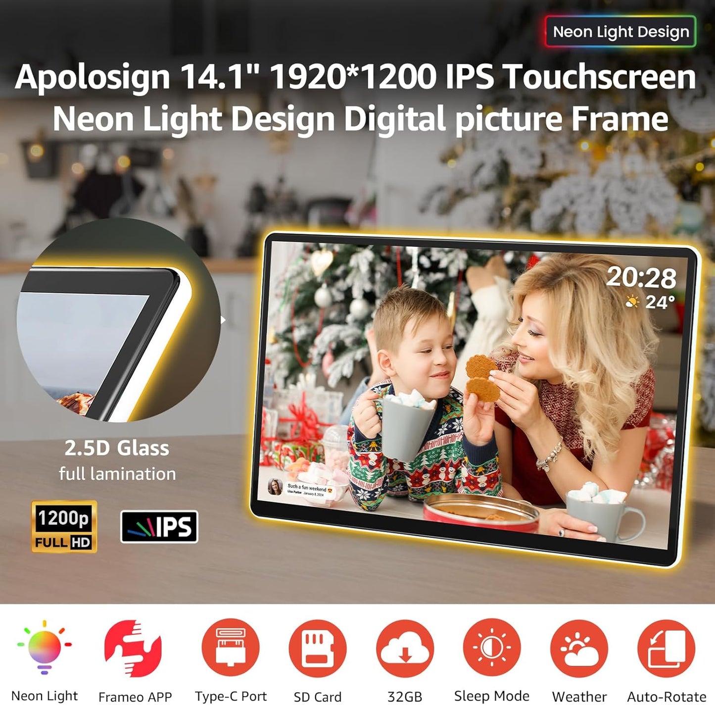 ApoloSign Neon Light Digital Picture Frame - 14" 2K FHD Display | AI Color-Changing LED Strip Digital Photo Frame | Quick Share Photos/Videos, Easy Setup in Frameo App | Best Digital Frame for Gifting