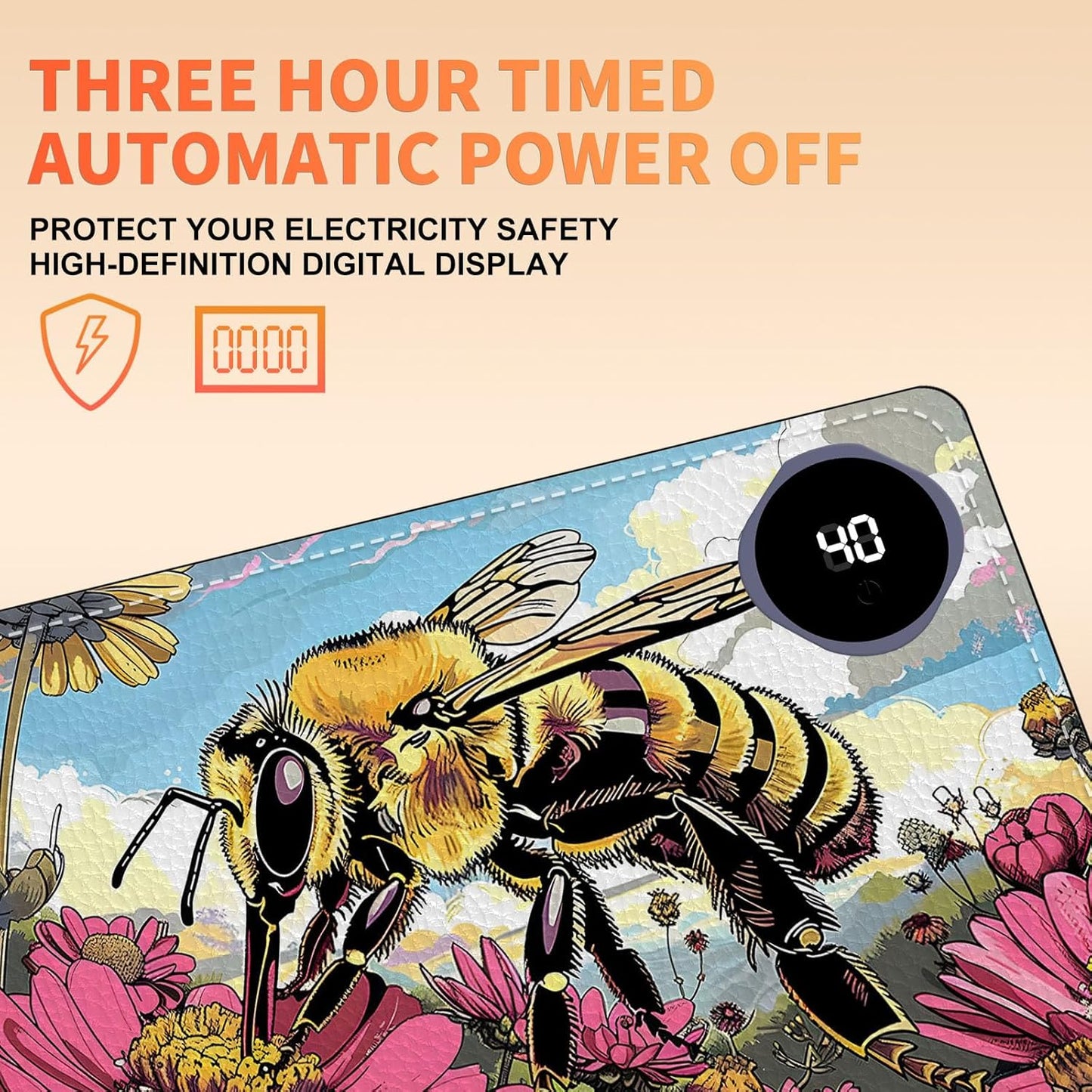 Heated Mouse Pad, Warm Desk Pad, Keyboard Mat 23.6 x 14 Inch Large Size Intelligent Fast Heating, 3 Speed Adjustable, Timed Auto Power Off for Game Office Home, Bees Collect Honey