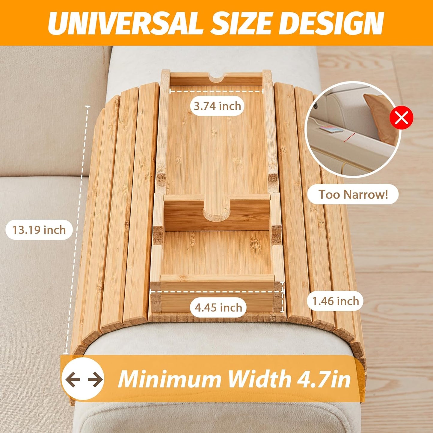 GEHE Bamboo Couch Cup Holder, Anti-Spill Sofa Arm Tray, Natural and Easy to Clean Couch Arm Cup Holder Armrest Tray Perfect for Cups, Beers, Snacks, Remote Control, Drinks