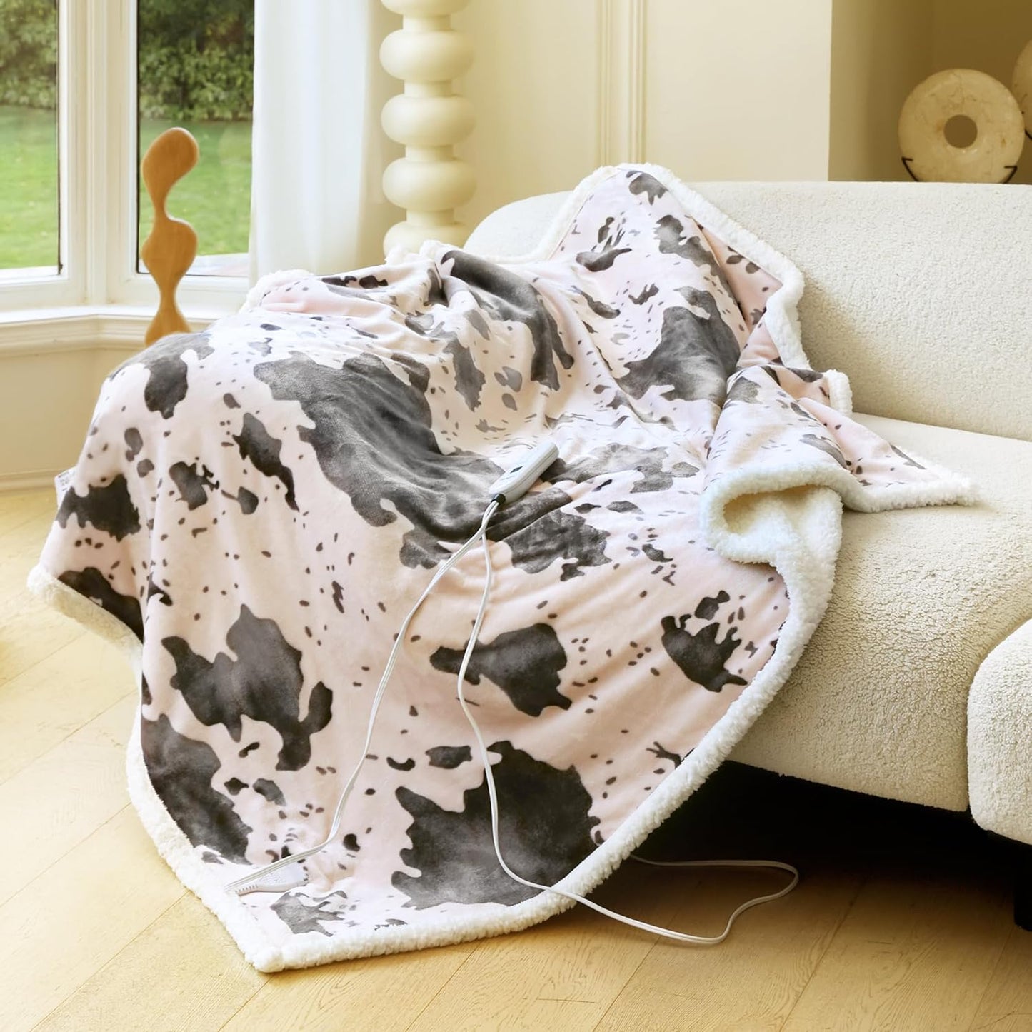 Cow Print Heated Throw Blanket Electric Blanket-Heating Blanket Throw with 10 Heat Levels & 10 Hours Auto-Off, Cozy Soft Fleece Sherpa, Washable, 50 x 60 Inches Cow Print Light Coral