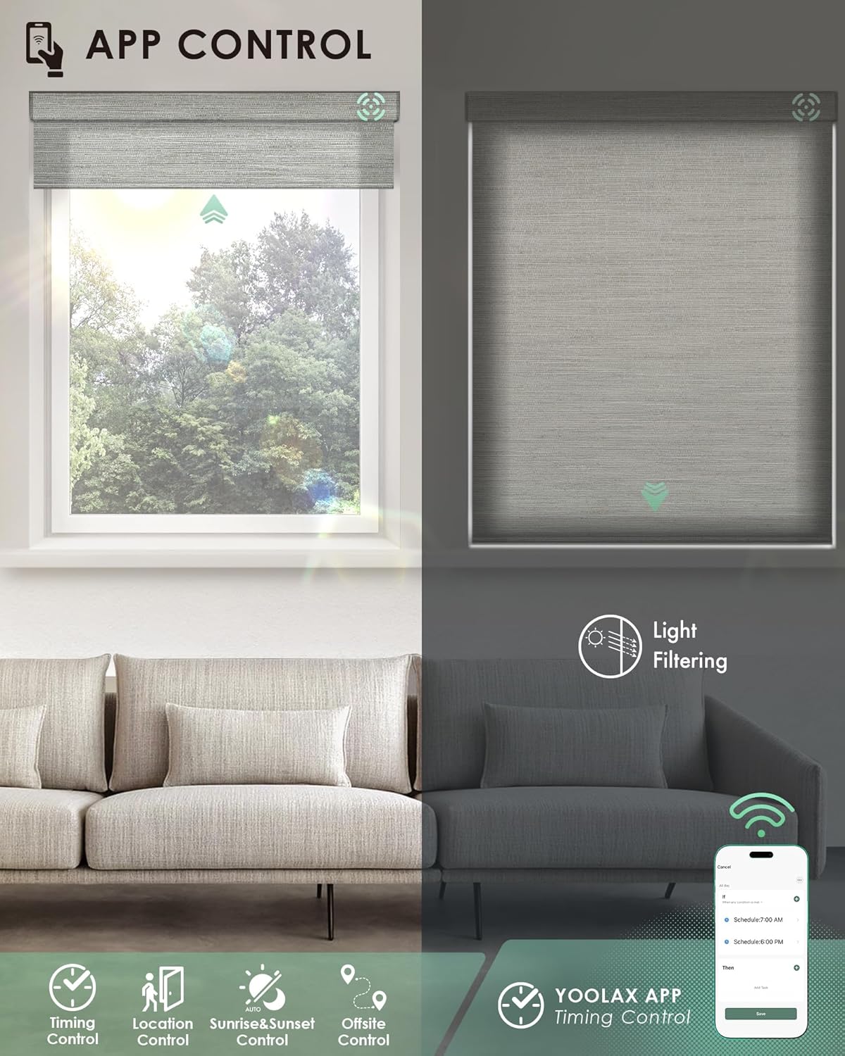 Yoolax Motorized Blinds with Remote, Light Filtering Smart Blinds Compatible with Alexa Google Home, Automatic Roller Shades for Indoor Windows Living Room, Custom Size (Starlight Light Gray)
