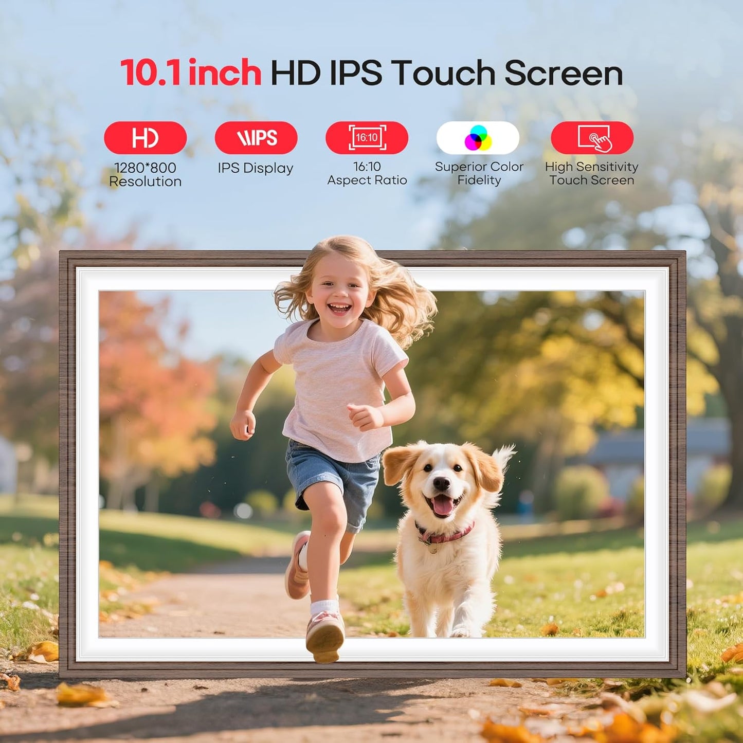 Frameo 10.1" Wood WiFi Digital Picture Frame with 32GB Memory, 1280 x 800 IPS HD Touch Screen Electronic Photo Frame, Auto-Rotate, Slideshow, Wall Mountable, Share Photos/Video Remotely Anywhere