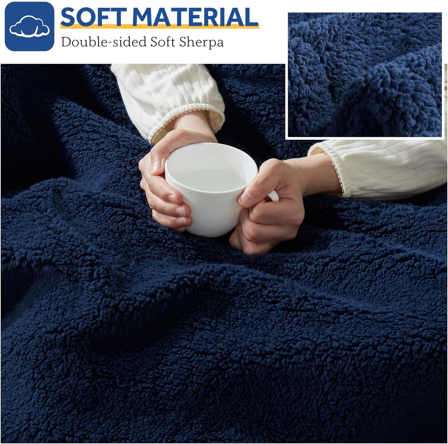 Sealy Electric Blanket Heated Throw 50"x60" Soft Double Sherpa Super Cozy with 6 Fast Heating Levels & 2-10 Hours Auto-Off, Over-Heat Protection, Machine Washable, Navy Blue