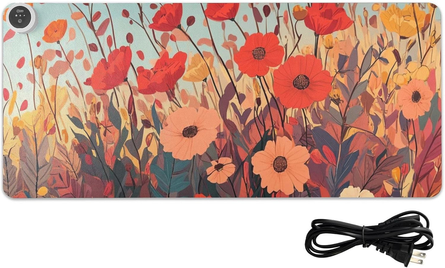 Heated Desk Pad Mouse Pad 31.5x13 Inch PU Leather Desk Mat with 3 Heat Levels Large Mouse Gaming Computer Laptop Mat Autumn Poppy Flowers