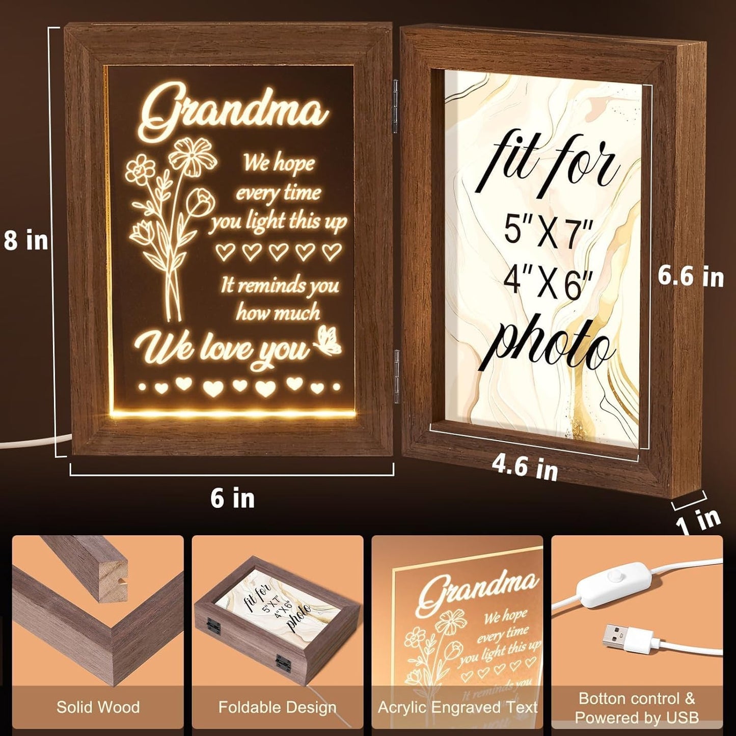 Grandma Gifts Christmas Gifts for Grandma from Granddaughter Grandson Grandkids, LED Night Light with Grandmother Picture Frame 5x7, Personalized Gift for Nana Grandmother Gigi Granny Birthday Gift