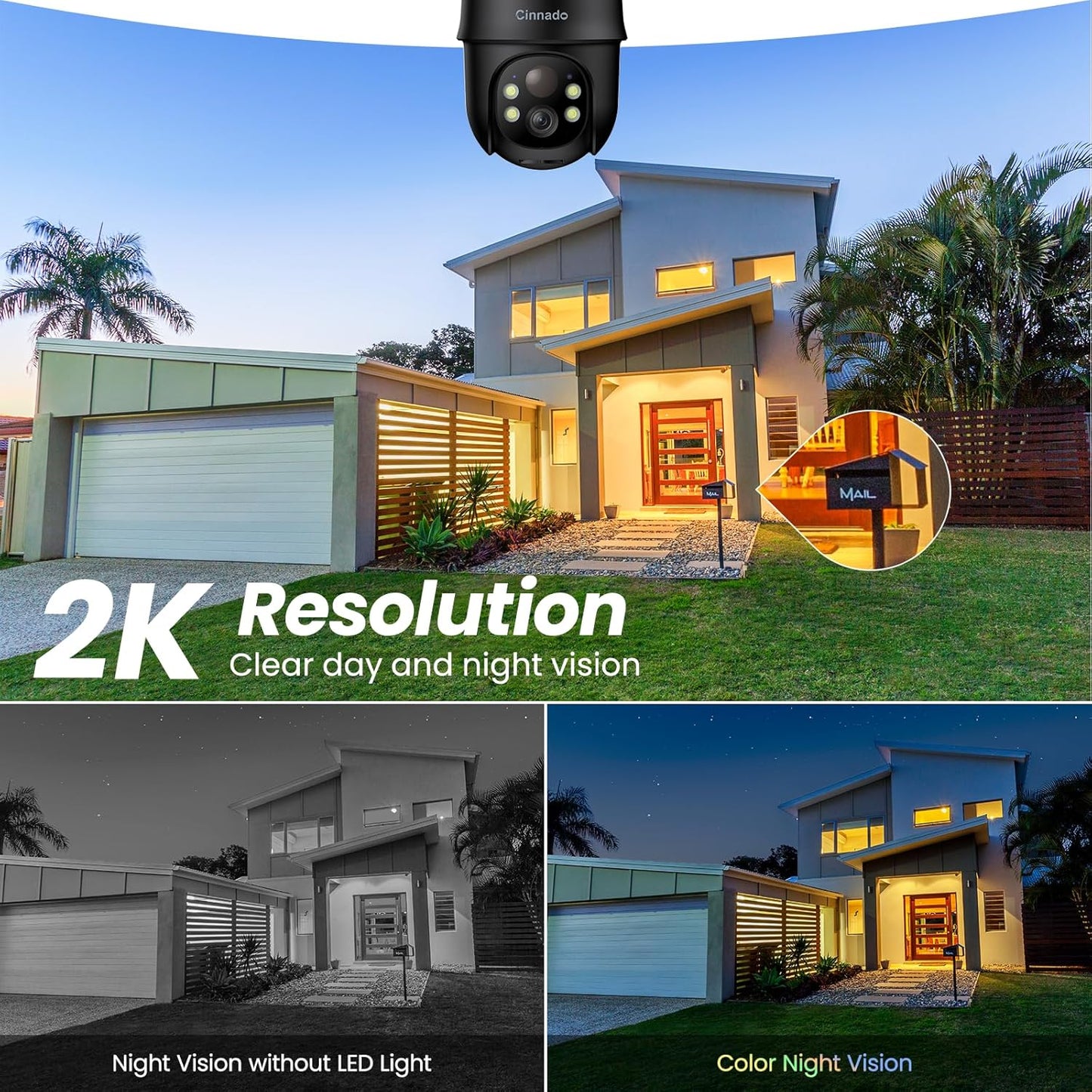 Cinnado 2K Cameras for Home Security-2.4G WiFi Outdoor Camera Wireless Solar/Battery Powered, 360° Viewing, Human Detection, Color Night Vision, Cloud/SD Storage B6 (B6-Black-1pack-2.4G)