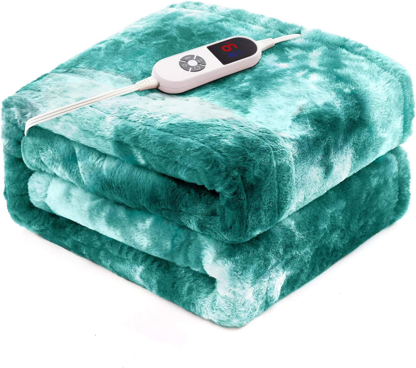 Electric Heated Blanket 62"x84", Luxury Green Twin Faux Rabbit Fur Electric Blanket, Fast Heating Soft Fluffy Thick Electric Blanket with 6 Heating Levels & 12H Auto Off