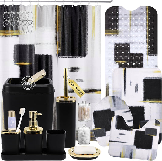 Bathroom Accessories Set - 26PCS Black Bathroom Set, Bathroom Accessory Set with Shower Curtain and Rugs and Bathtub Mats for Home