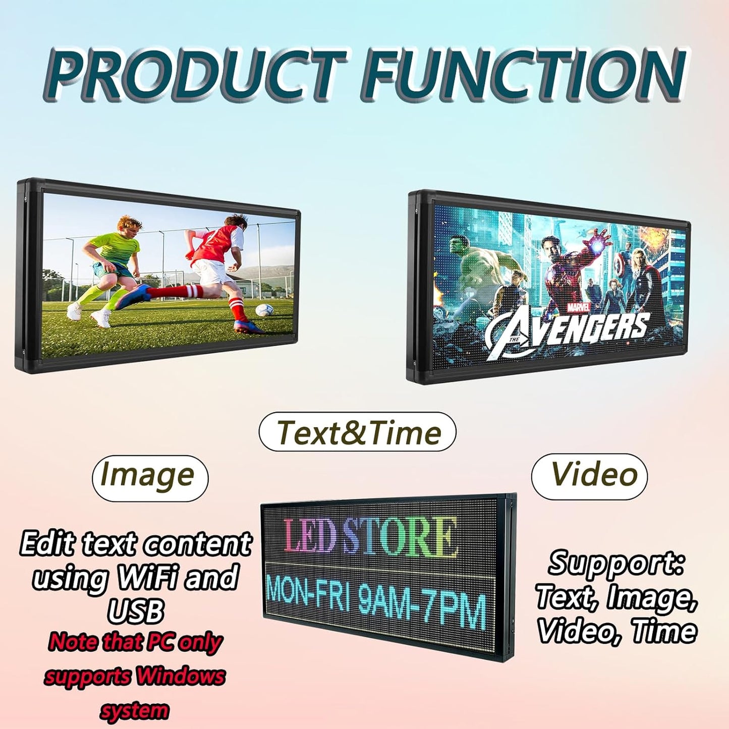 P6 Outdoor LED Business Sign 40"x18" - WiFi Programmable Scrolling Message Board with High Brightness, IP65 Waterproof Commercial Display for Store Front, Supports Text, Image, Video