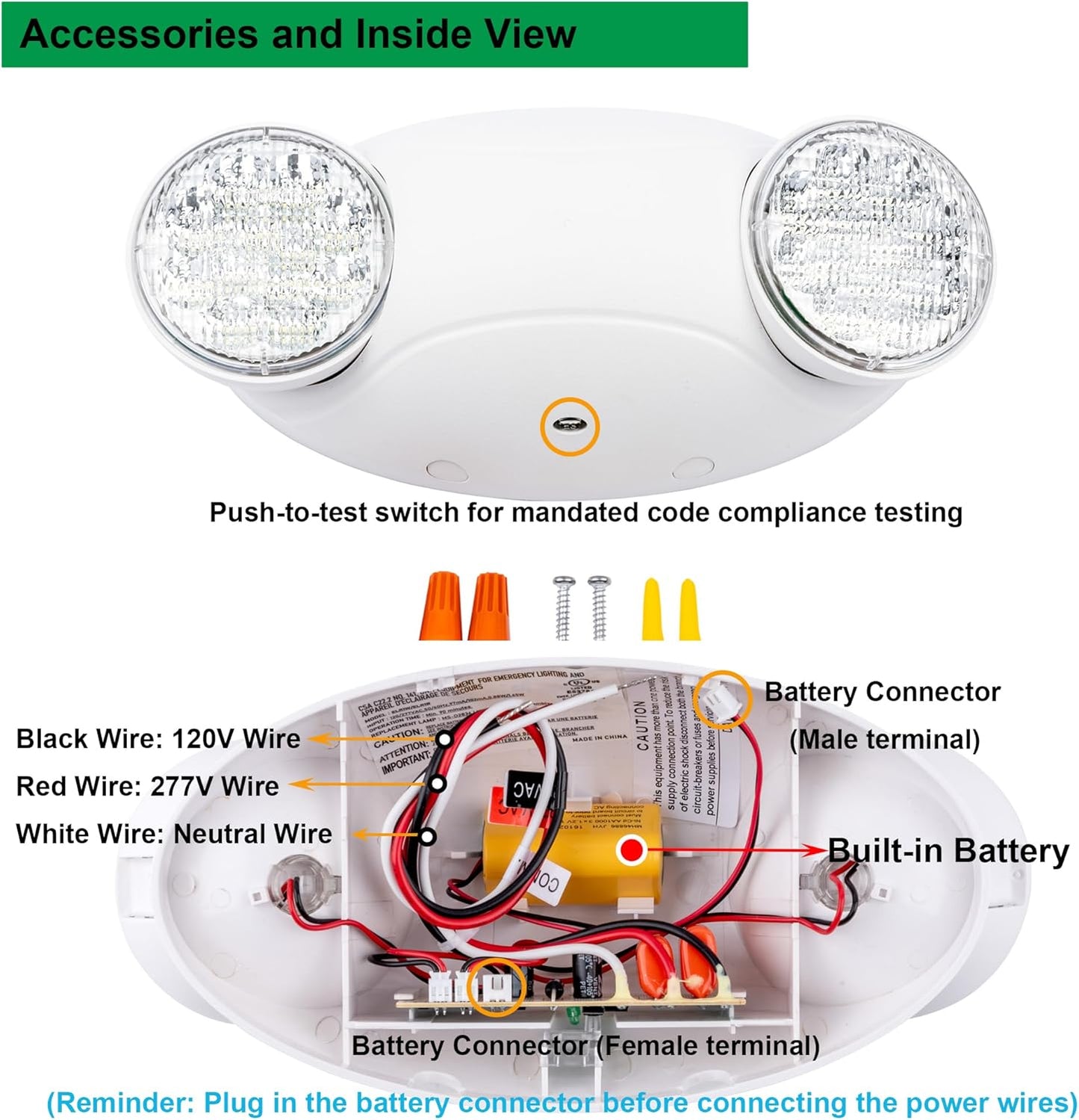 LIT-PaTH LED Emergency Lighting Fixtures with 2 LED Bug Eye Heads and Back Up Batteries- US Standard Exit Light, UL 924 and CEC Qualified, 120/277 Voltage, White, 12-Pack