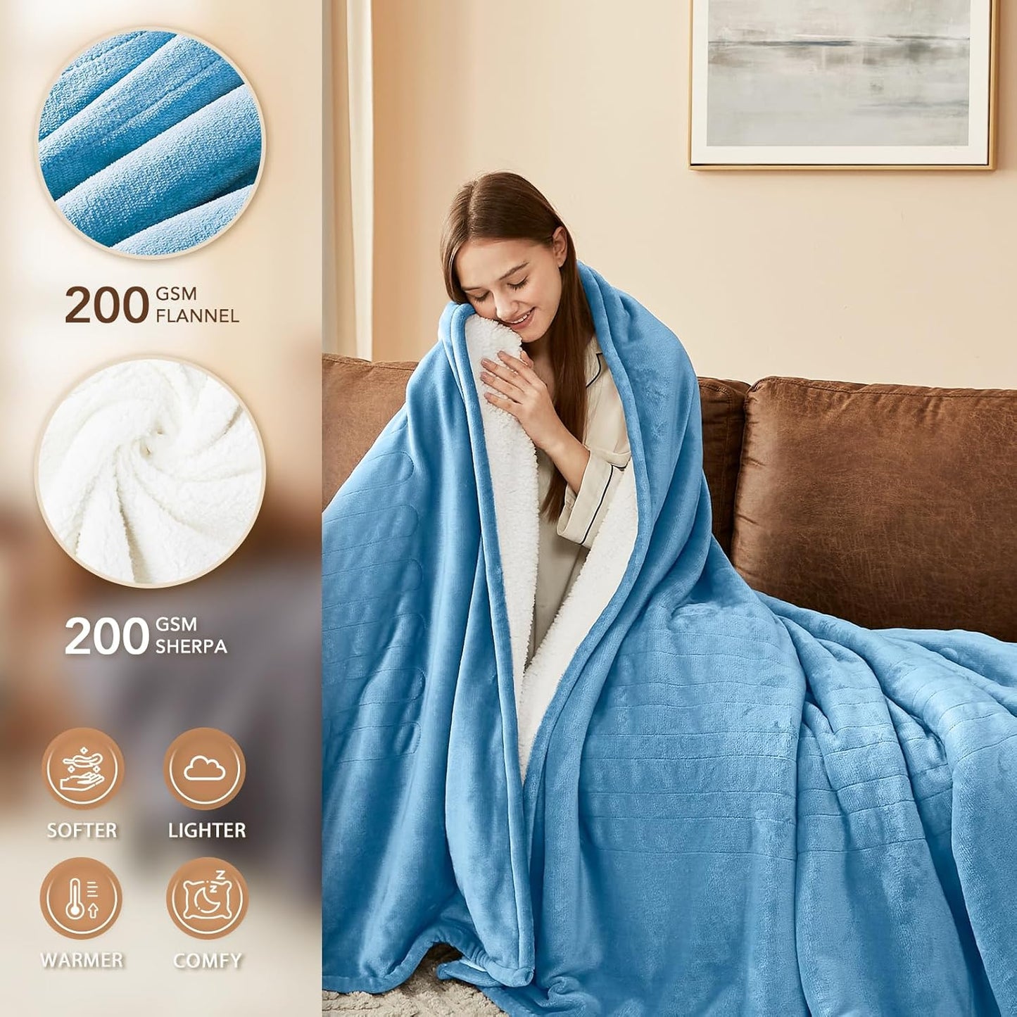 Homemate Electric Heated Blanket Twin Size - 62"x84" Heating Blanket Twin Size 1/2/4/6/8 Hours Auto-Off 10 Heat Level Over-Heat Protection Flannel Sherpa ETL Certification