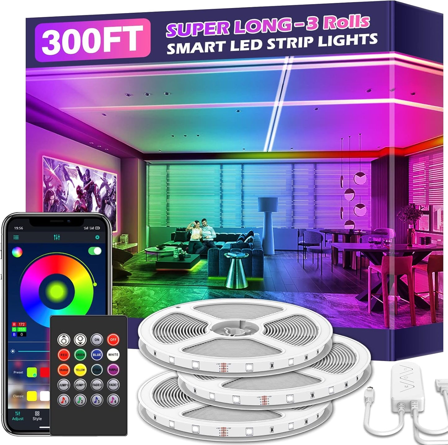 Led Strip Lights, 300ft/90m Long Smart Led Light Strips Music Sync 5050 RGB Color Changing Rope Lights,Bluetooth APP/IR Remote/Switch Box Control Led Lights for Bedroom,Home Decoration,Party,Festival