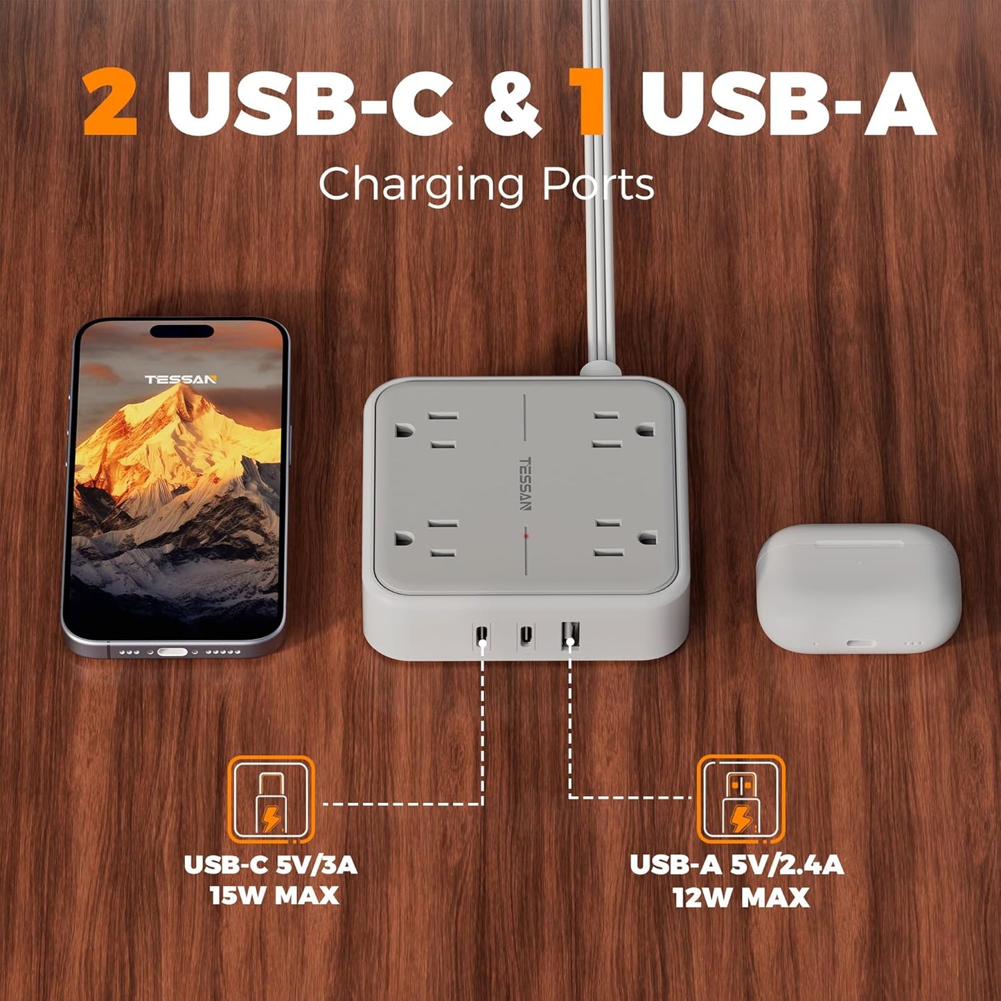 TESSAN Surge Protector Power Strip with 3 USB (2 USB C) 4 Outlets, Flat Plug Extension Cord 5 Ft, 900J Surge Protection, Multiple Charging Station with Power Switch for Home, Office, Dorm Room, Gray