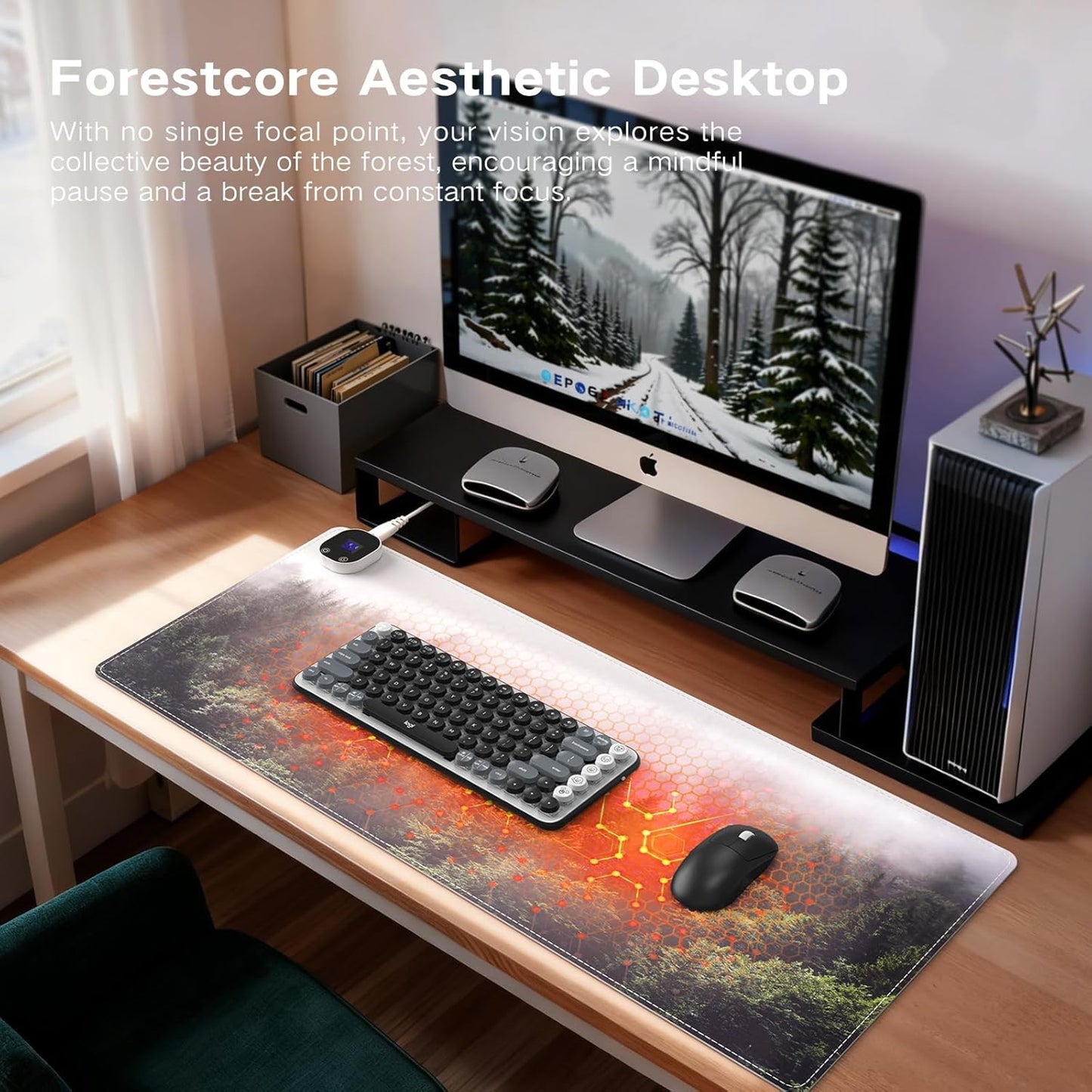 iCasso Heated Mouse Pad Hand Warmer, XXL Aesthetic Heated Desk Pad, 35.4" x 15.7" Large Mouse Pad with 4 Heating Levels for Computer Keyboard, Large Mousepad for Home Office Work (Forest)
