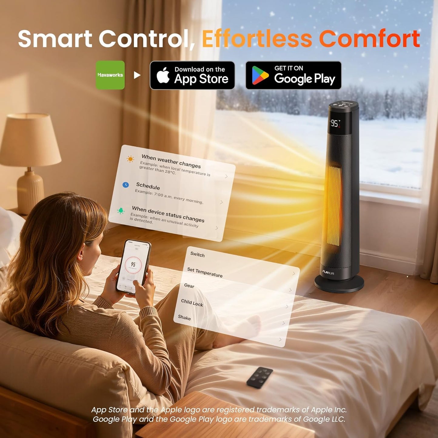 1500W PTC Ceramic Smart Space Heaters for Indoor Use, Portable Heater with Remote & App Control for Large Room, Office, ECO Modes, Safety Protection, 70° Oscillation, 12H Timer, Black, 1 Pack