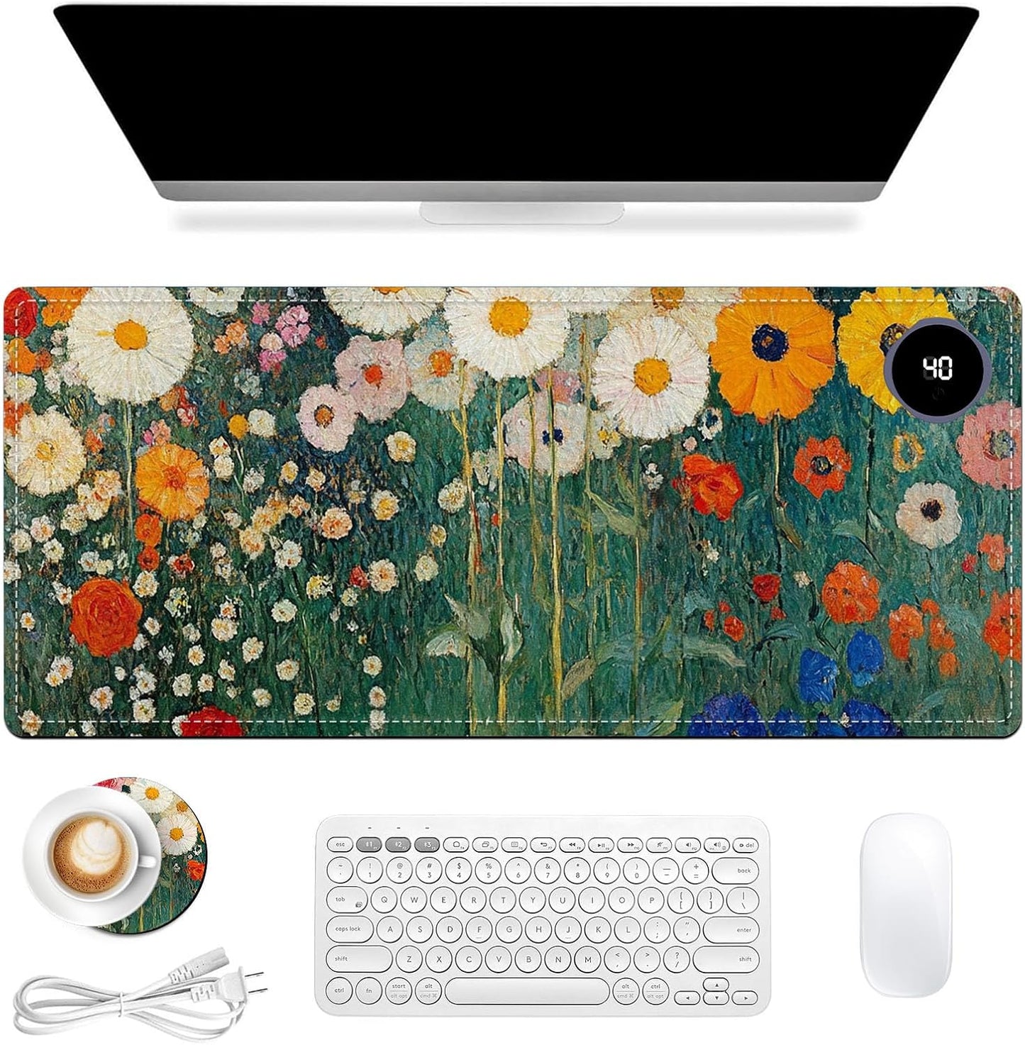 Heated Mouse Pad 31.5x13 in 3-Temp Fast Heating Desk Mat with Auto Timer Warmer for Hands Wrist Pain Relief Waterproof Keyboard Mat for Office, Gaming, Home, Floral Garden