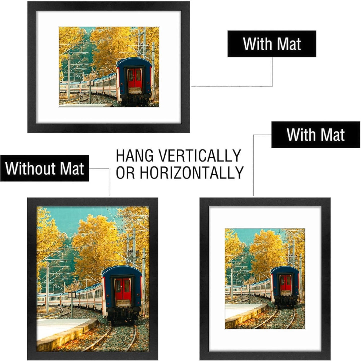 Golden State Art, 11x14 Picture Frame with Mat for 8x10 - High Definition Glass Wall Mounting Horizontal Vertical Display (Black, 2 Pack)