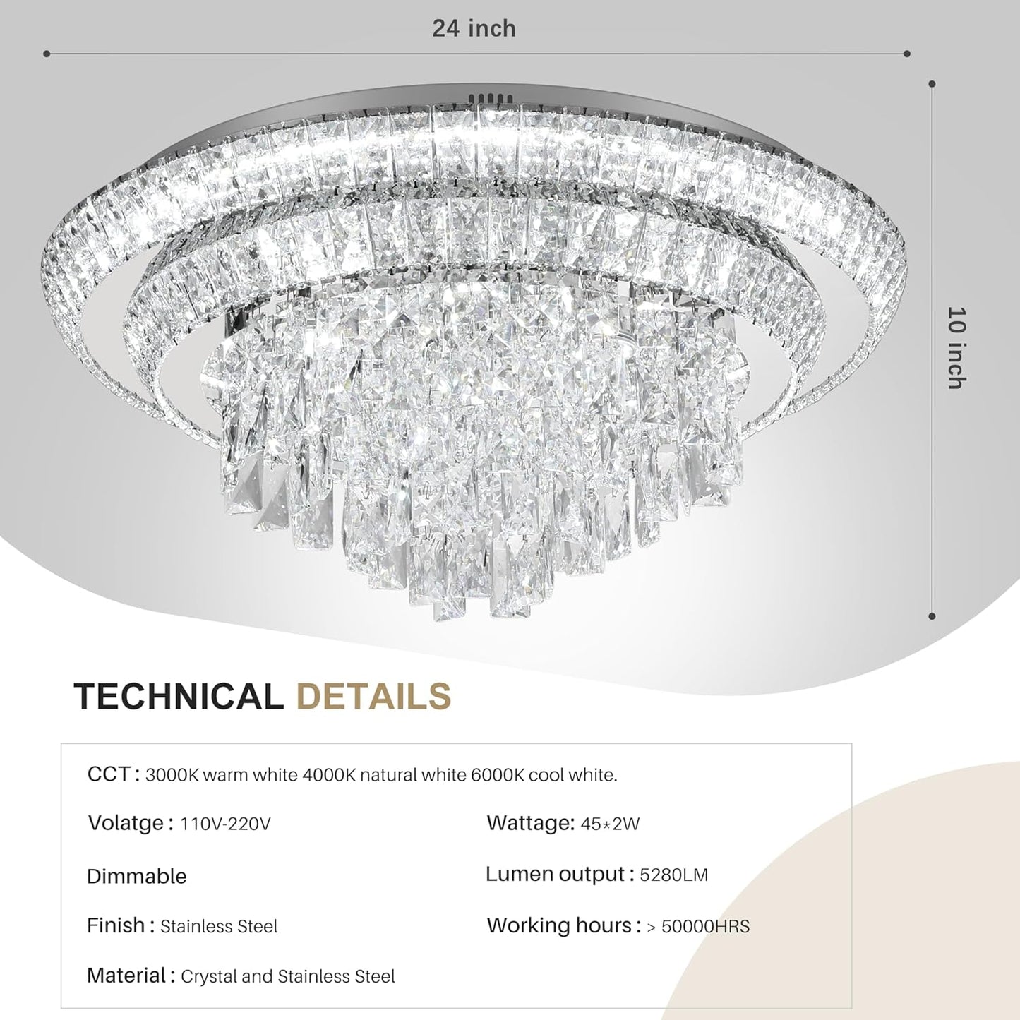 COCOSTAR 24 inch Flush Mount Crystal Chandeliers with Remote and APP, Modern Elegant LED Crystal Raindrop Ceiling Light Fixture, 3CCT Dimmable, for Living Room Kitchen Island Bedroom Entryway Foyer