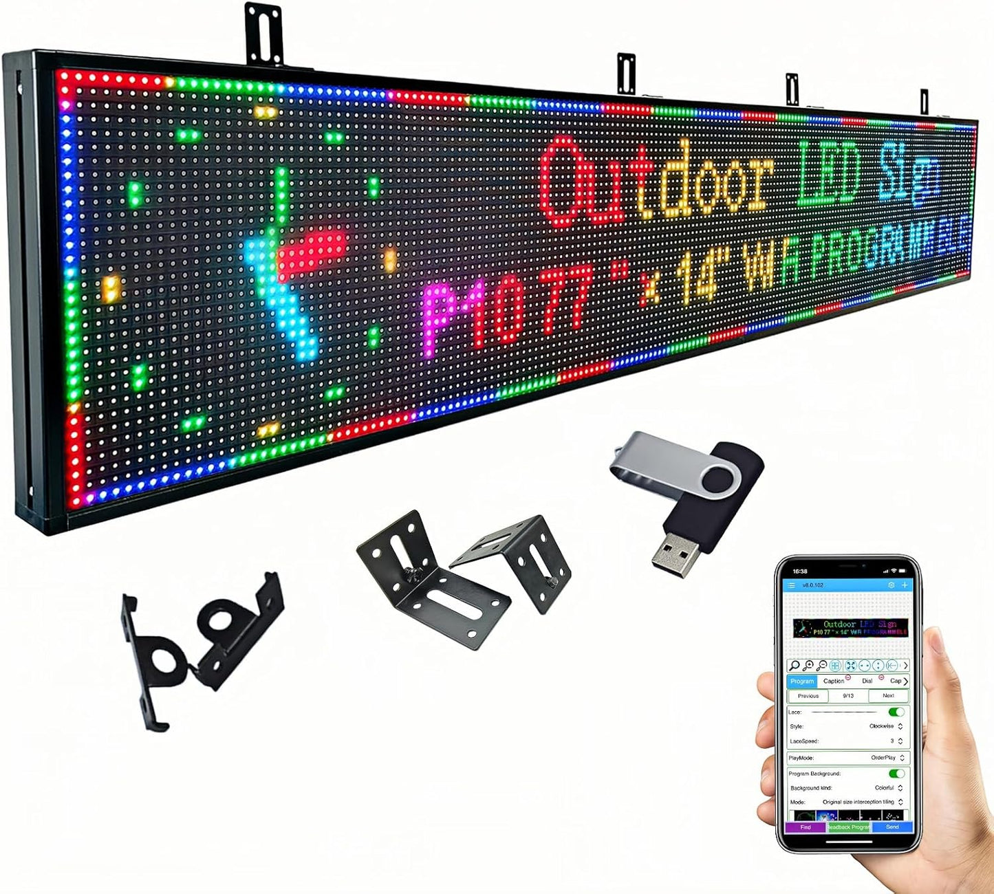 77”x14” Programmable LED Display Sign, P10 Outdoor Digital Scrolling Message Board with WiFi/USB Control, High Brightness Waterproof Screen for Business Advertising & Menu