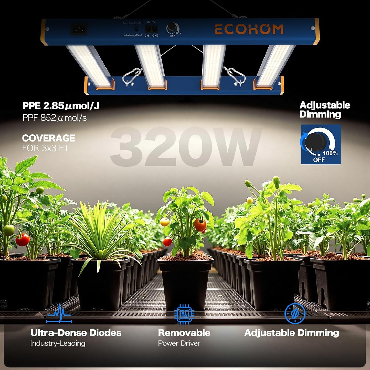 LED Grow Light, 320W Grow Lights for Indoor Plants, Full Spectrum Growing Light Plant Hanging Growing Lamps, Daisy Chain Dimmable Grow Lamp, Commercial for 3x3ft Coverage in Grow Tent