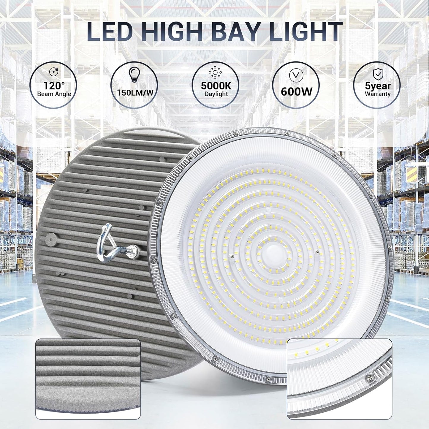 2 Pack 600W UFO Led High Bay Light,120VAC,5000K Daylight Commercial Bay Lighting,IP66 Waterproof,85050LM,2550W MH/HPS with Plug Area Lighting for Warehouse/Shop/Workshop/Barn/Gym/Factory