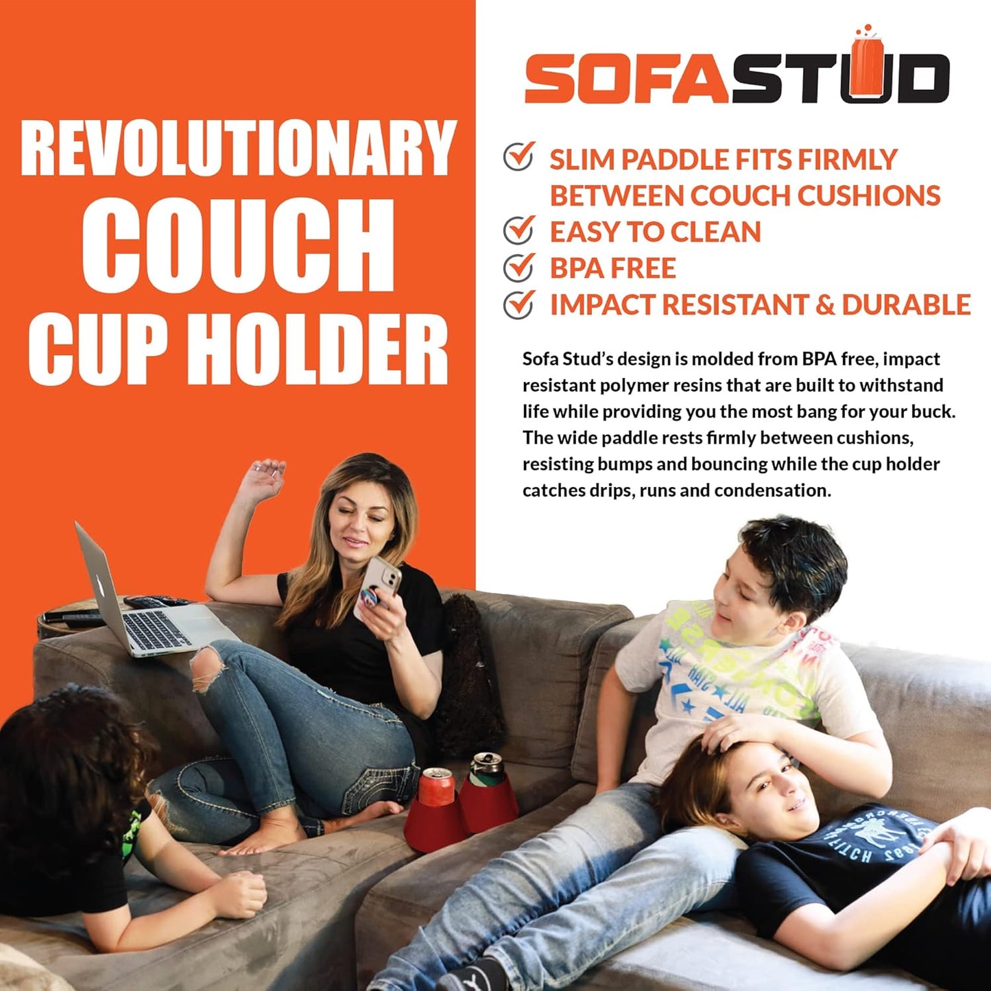 Original Couch Cup Holder - Spill Proof, Convenient, & Versatile Drink Coaster Molded from BPA Free, Impact Resistant, Durable Plastic That Fits Cans, Cups, Bottles & More