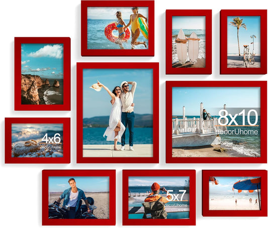 decorUhome Picture Frames Collage Wall Decor for Photo Gallery Display, Assorted Picture Frames set of 10 Including Two 8x10 / Four 5x7 / Four 4x6 for Family Wall Decor, Red, 10 Pack