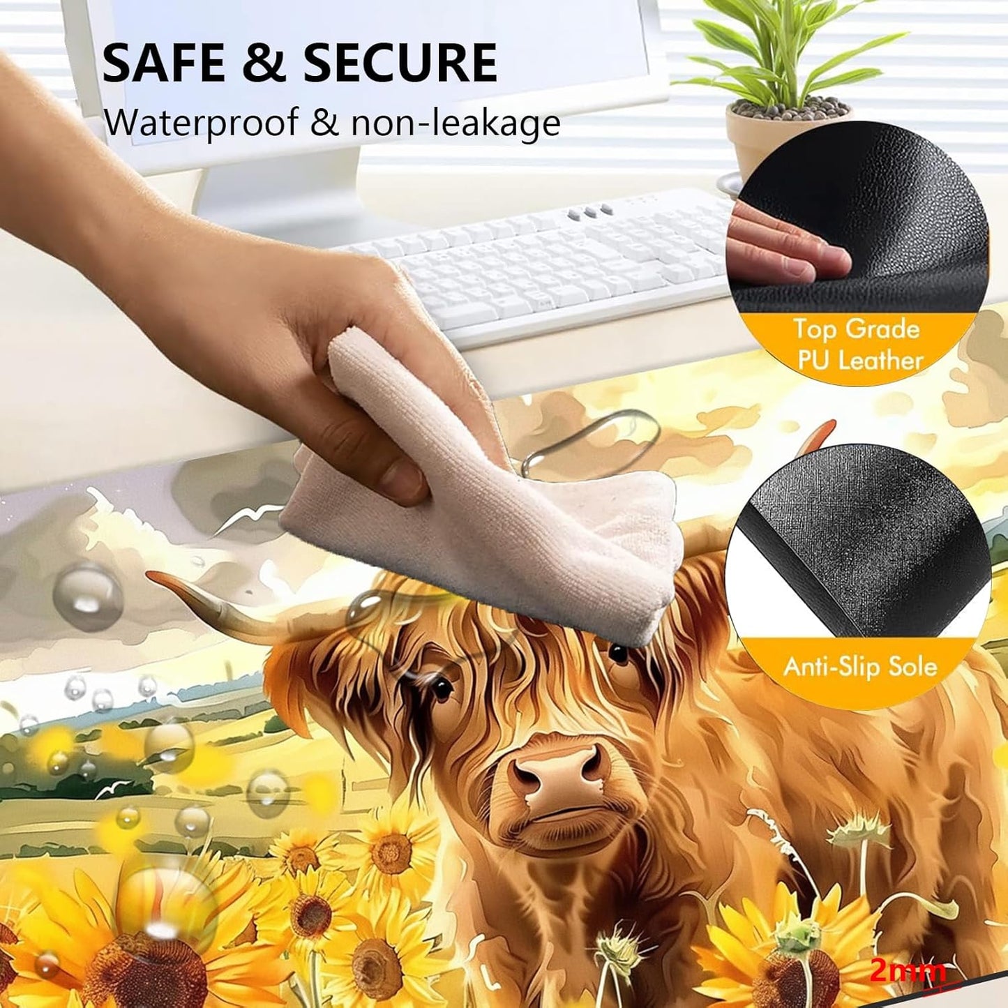 Heated Mouse Pad with 3 Levels Heated & 3 Hours Auto Shut-Off Mouse Pad for Warming Hands in Office Home, 31.5" x 13"Large Safe Desk Mat Hand Warmer，Sunflower Highland Cow